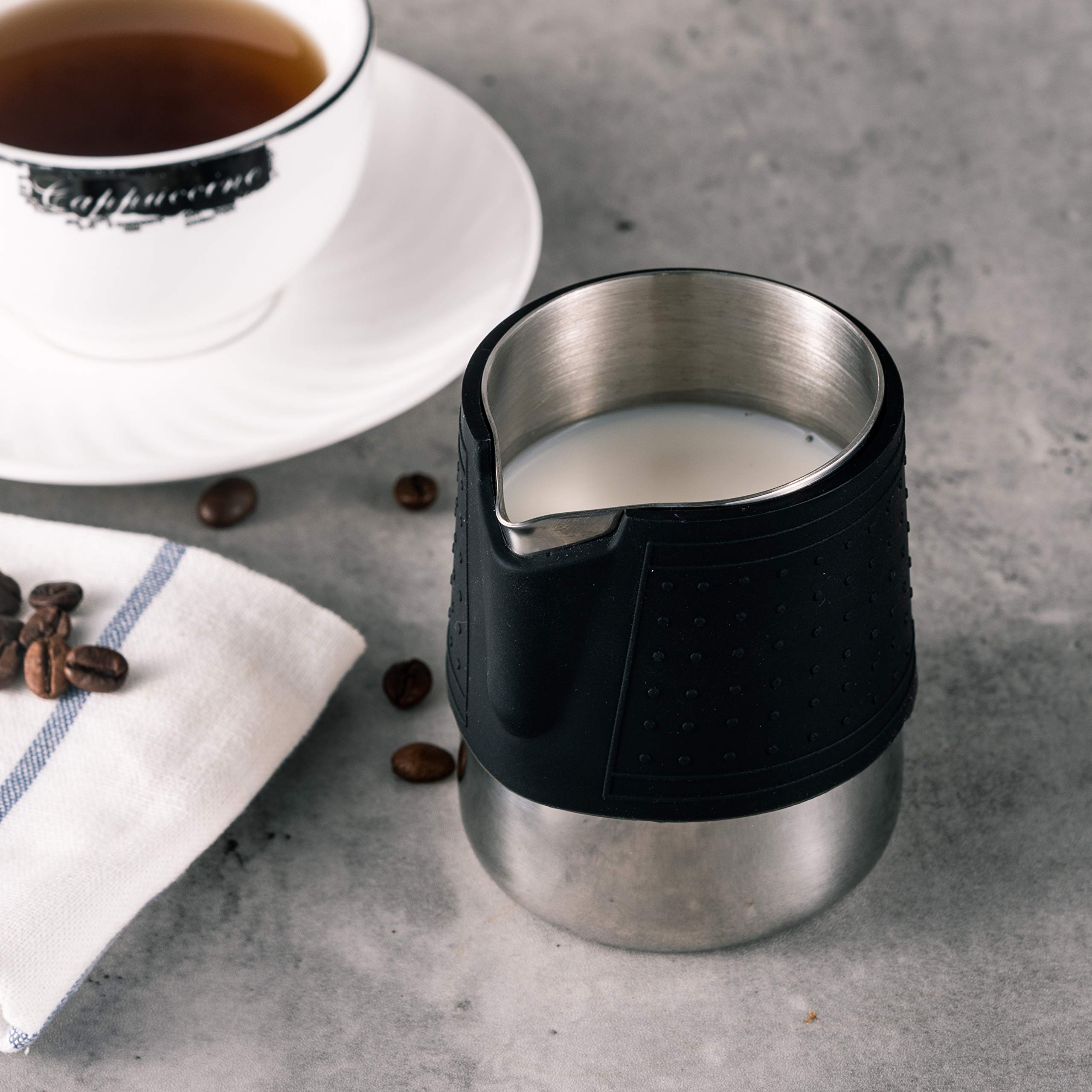 Premium 12oz (350ml) Stainless Steel Milk Frothing Pitcher for Latte Art - Barista-Grade Coffee Frother Jug with Heat-Resistant Silicone Grip for Perfect Cappuccino & Latte - Ideal for Home Baristas & Coffee Shops