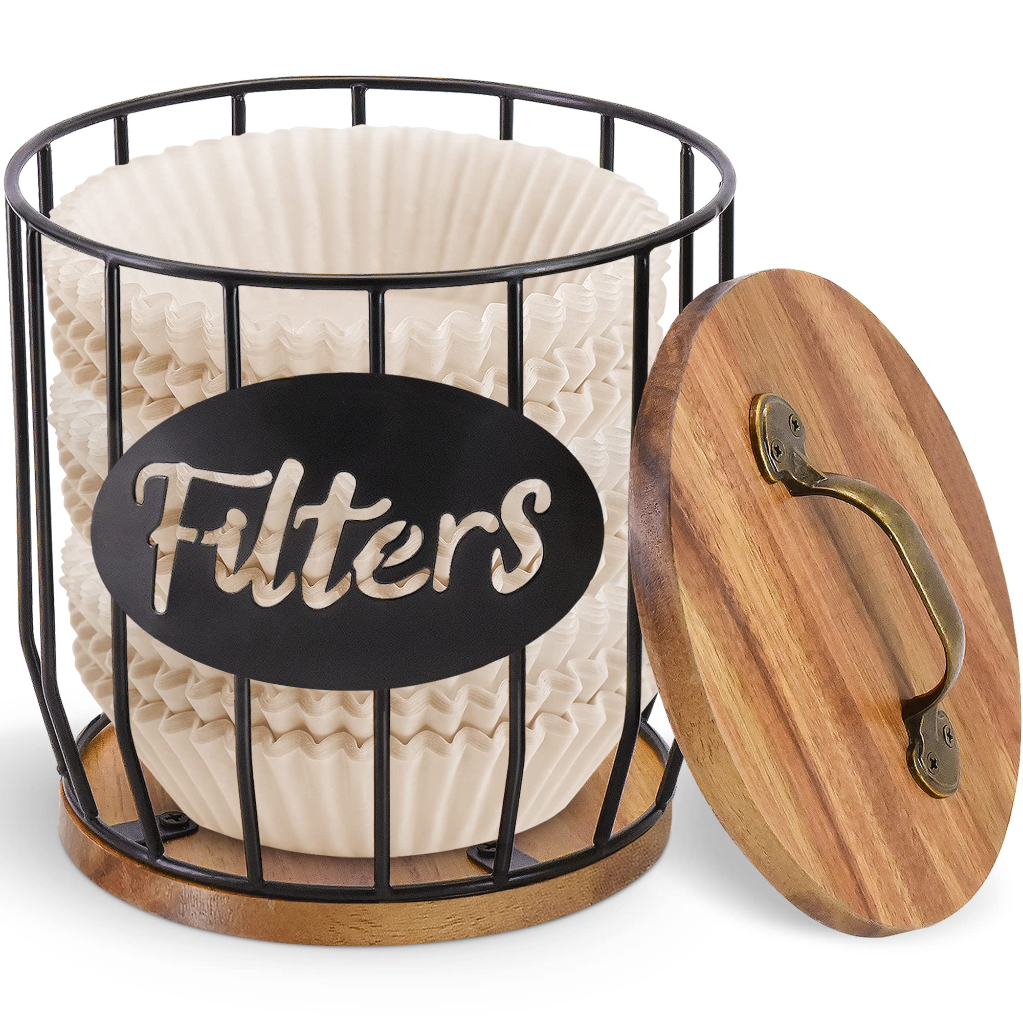 Rustic Acacia Wood Coffee Filter Holder with Lid - Round Storage Container Basket & Dispenser for Countertop - Coffee Bar Accessories & Kitchen Decor - Perfect for Home, Office, and Café Use
