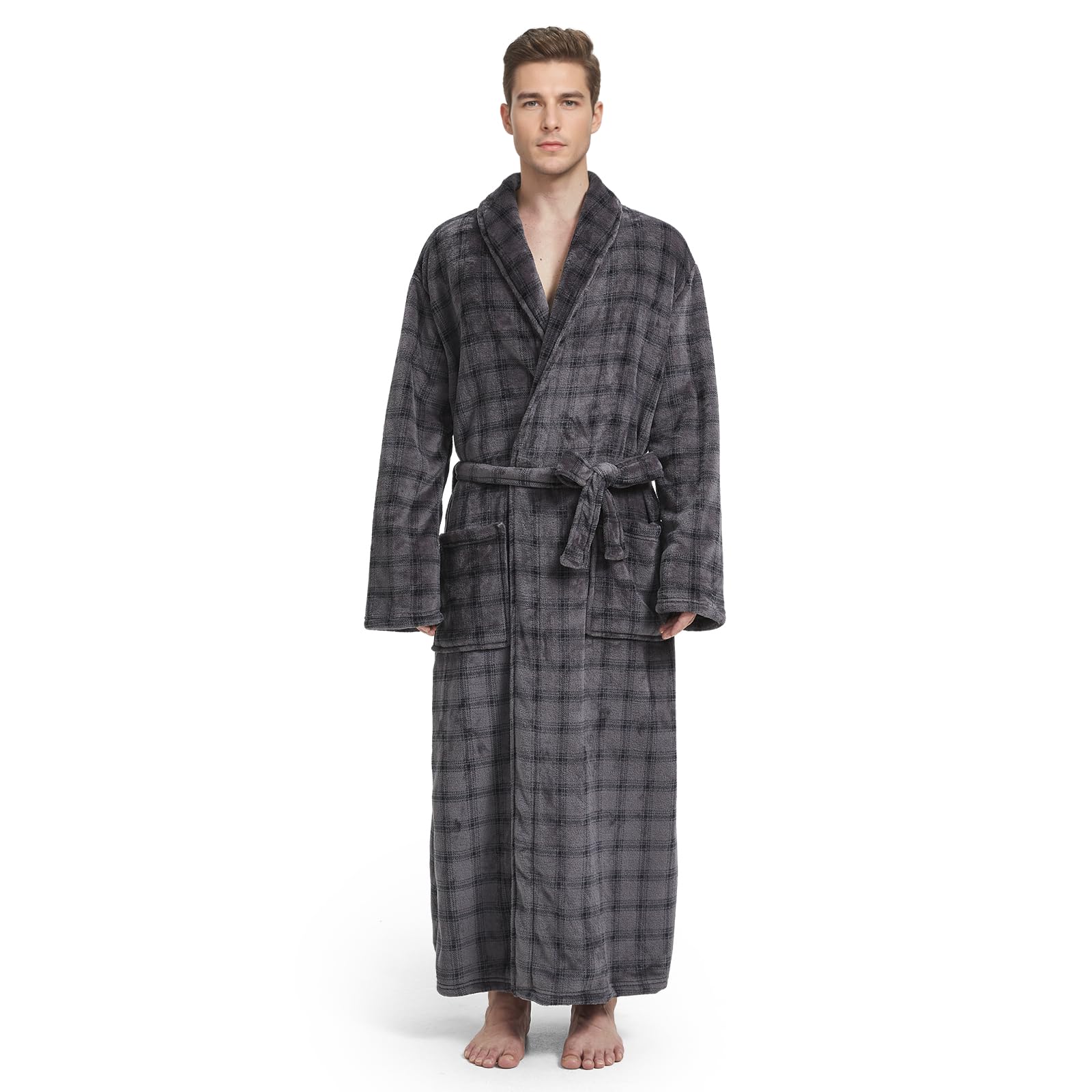 Men's Fleece Plush Bathrobe - Full Length Big & Tall Shawl Collar Plaid Robe for Men - Cozy Loungewear for Spa, Home Relaxation & Winter Warmth