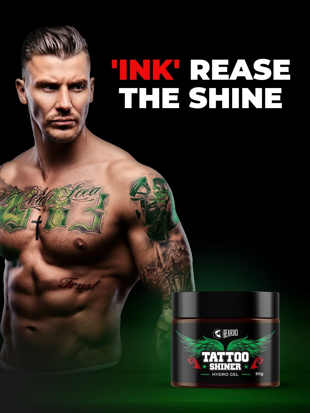 Beardo Tattoo Shiner Gel, 50g - Hydro Gel for Tattoo Healing & Maintenance with Almond Oil & Turmeric Extract | Brightens & Enhances Tattoo Ink for Men & Women | Perfect for Fresh & Old Tattoos, Daily Care & Tattoo Aftercare