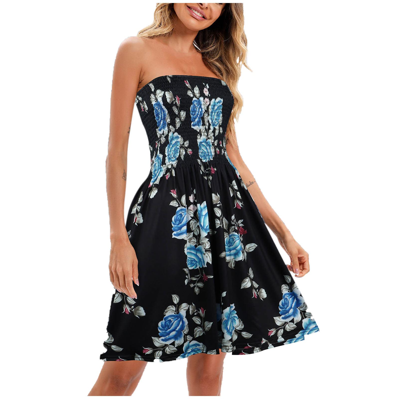 Luciava Women's Bohemian Floral Print Strapless Sleeveless Dress with Elastic Band - Perfect for Holiday Parties, Beach Vacations & Summer Outings
