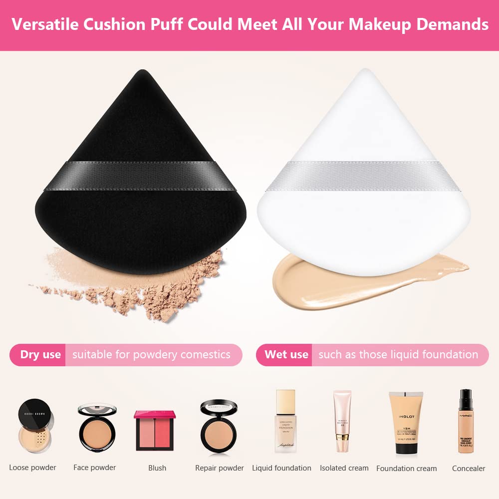 AUAUY 6-Piece Pure Cotton Soft Triangle Wedge Makeup Powder Puffs - Velour Cosmetic Sponge for Loose Powder, Mineral Powder & Body Powder (3 Black + 3 White) | Ideal for Flawless Foundation Application & On-the-Go Touchups