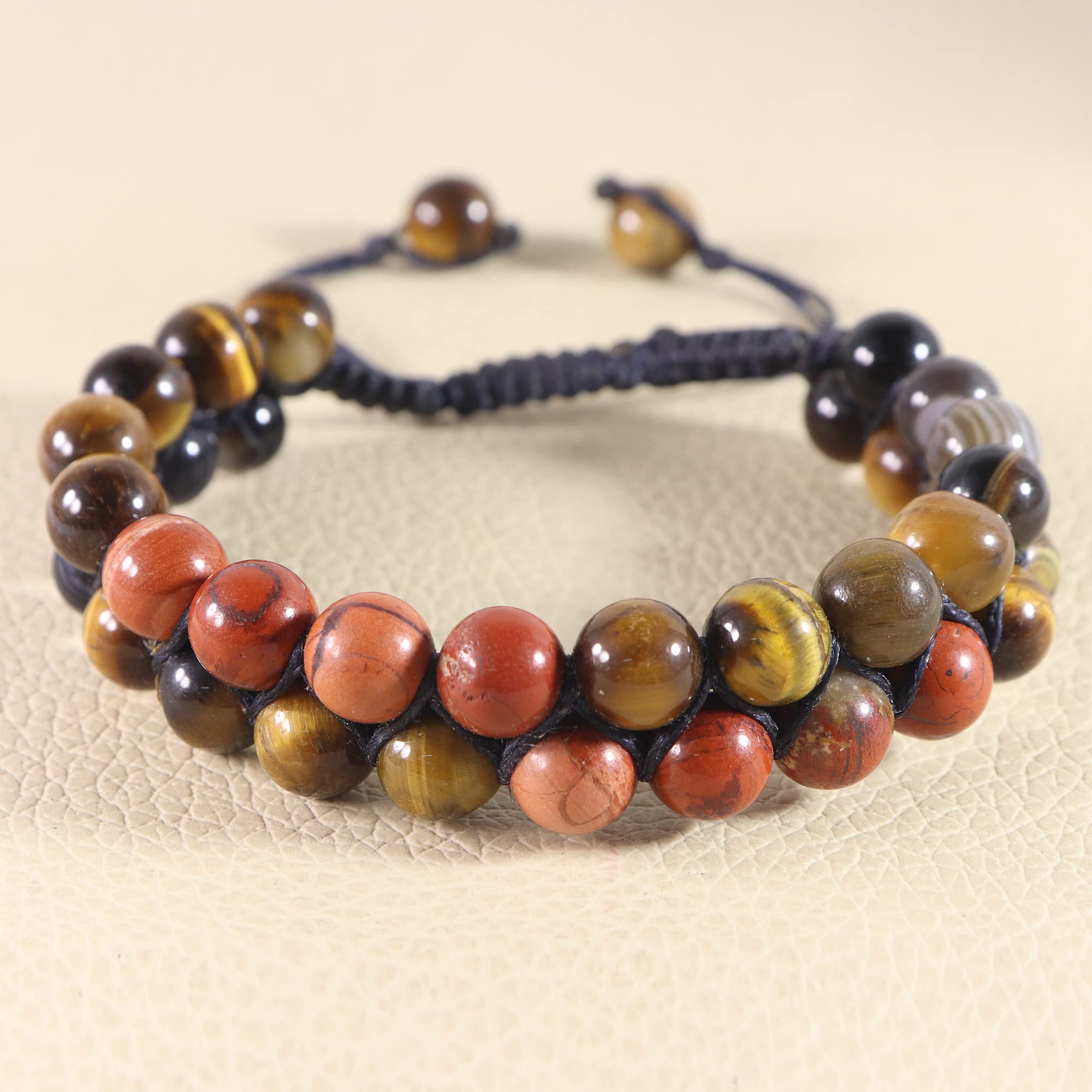 Natural Botswana Agate Macrame Bracelet with Tiger Eye & Red Jasper - 8X8mm Handmade Gemstone Bracelet for Women, Daily Wear Jewelry Gift for Mom - Perfect for Meditation, Yoga & Spiritual Healing