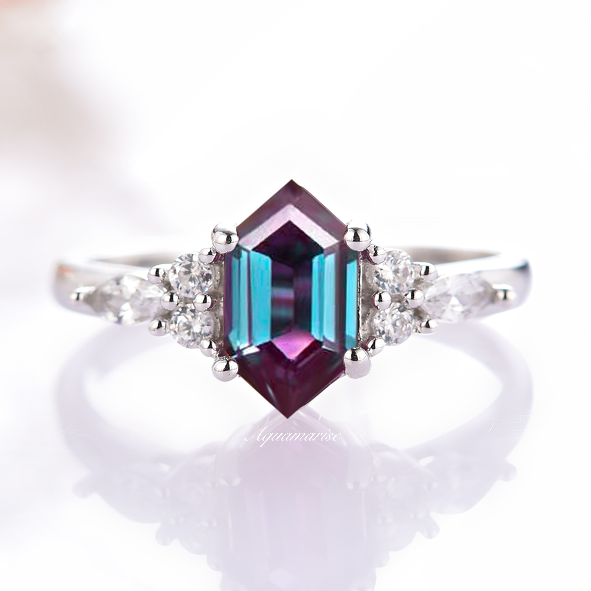 Sonnet Hexagon Teal & Purple Alexandrite Ring - Sterling Silver Jewelry for Women | Elegant Gift for Anniversary, Birthday & Special Occasions