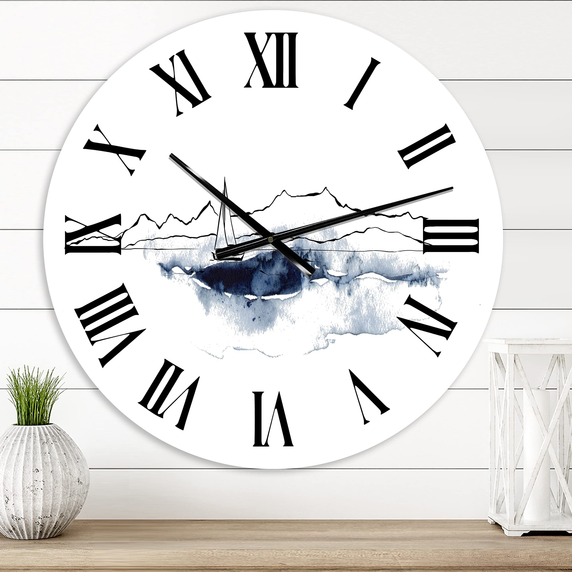 DesignQ Minimalist Nautical Wall Clock - Black Mountain & Boat Seascape Art, Large Abstract Coastal Decor for Living Room, Bedroom, Office | Perfect for Beach House, Modern Home & Office Decor