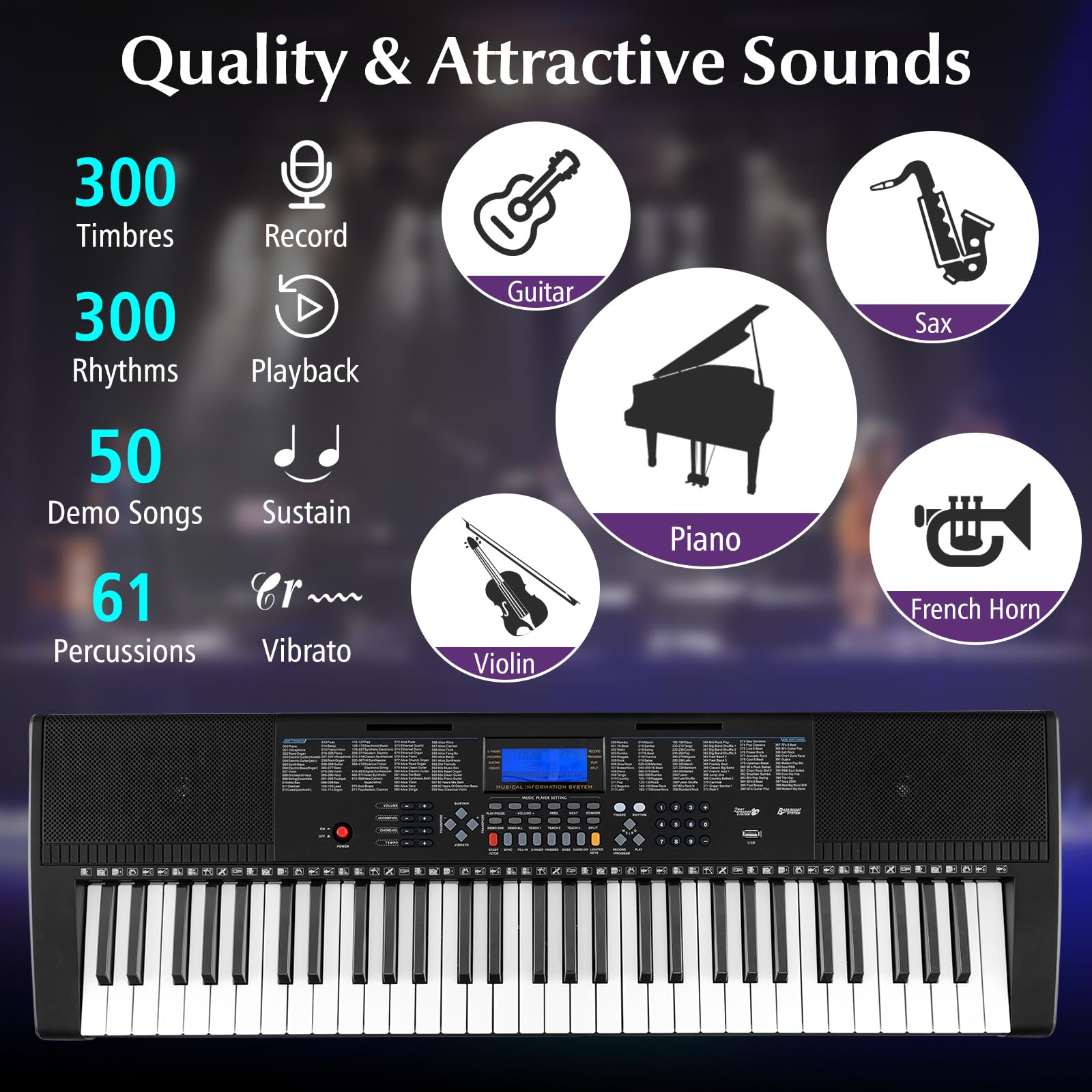HONEY JOY 61-Key Electronic Keyboard Piano with Lighted Keys - 600 Tones, 400 Rhythms, Built-In Speakers - Complete Kit Includes Stand, Bench & Headphone/Microphone - Perfect for Beginners & Home Practice (Black) - Ideal for Music Lessons, Family Entertainment & Personal Learning