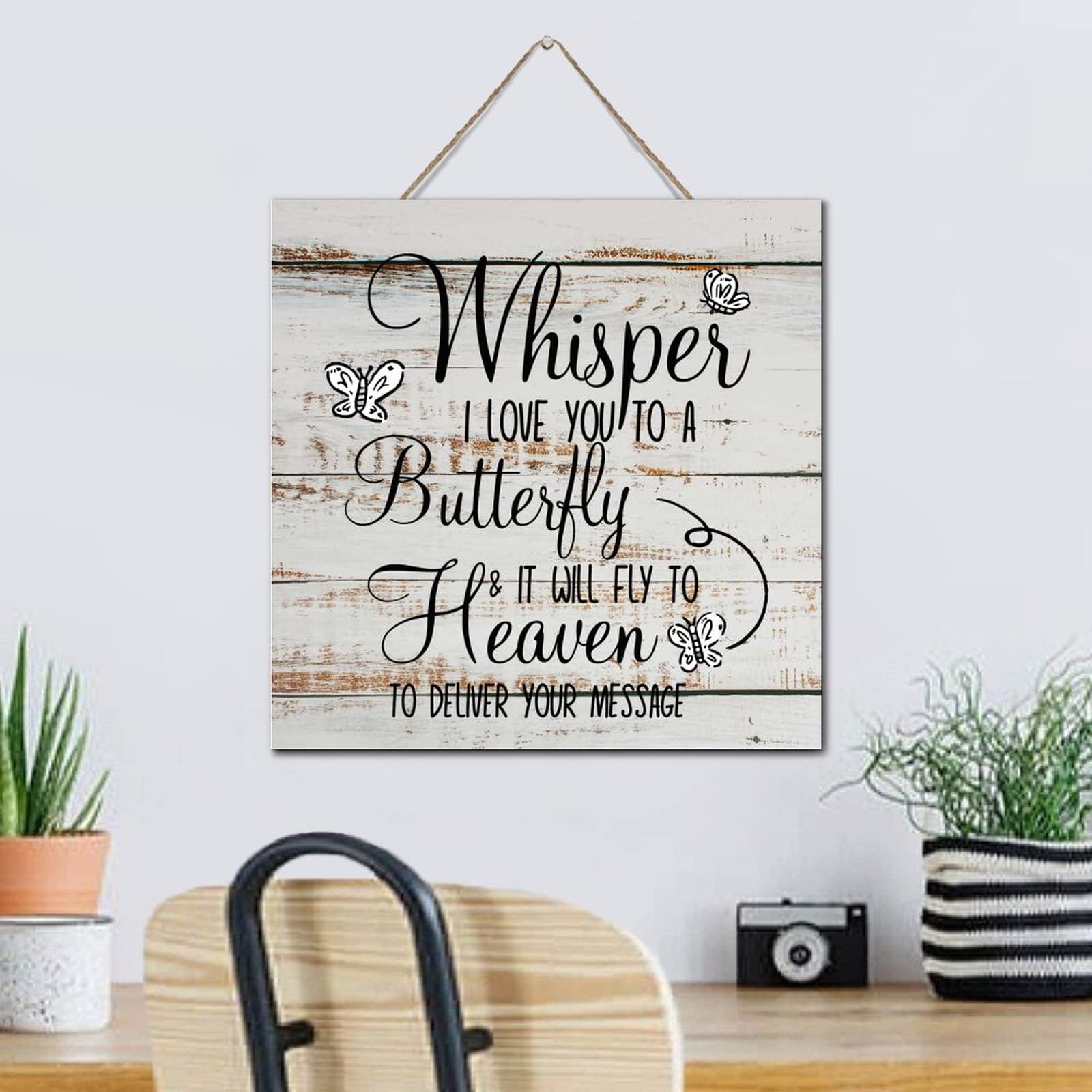 Inspirational Small Wooden Signs - 'Whisper I Love You to a Butterfly' 12x12 Inch Wood Plaque for Home Decor, Wall Art, and Gift Ideas - Perfect for Living Room, Bedroom, or Nursery Decoration