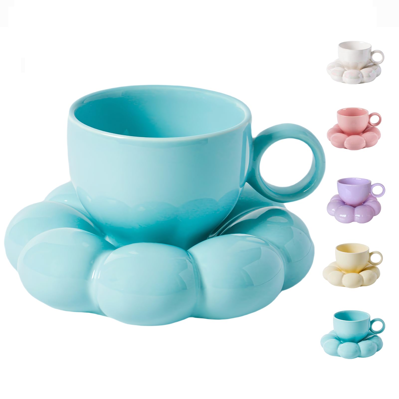 ARISKEY 6.5oz Cute Coffee Mug Set for Women - Teal Blue Tea Cup with Saucer & Spoon (200ml) | Microwave & Dishwasher Safe | Perfect for Latte, Milk, Tea & Office/Home Use