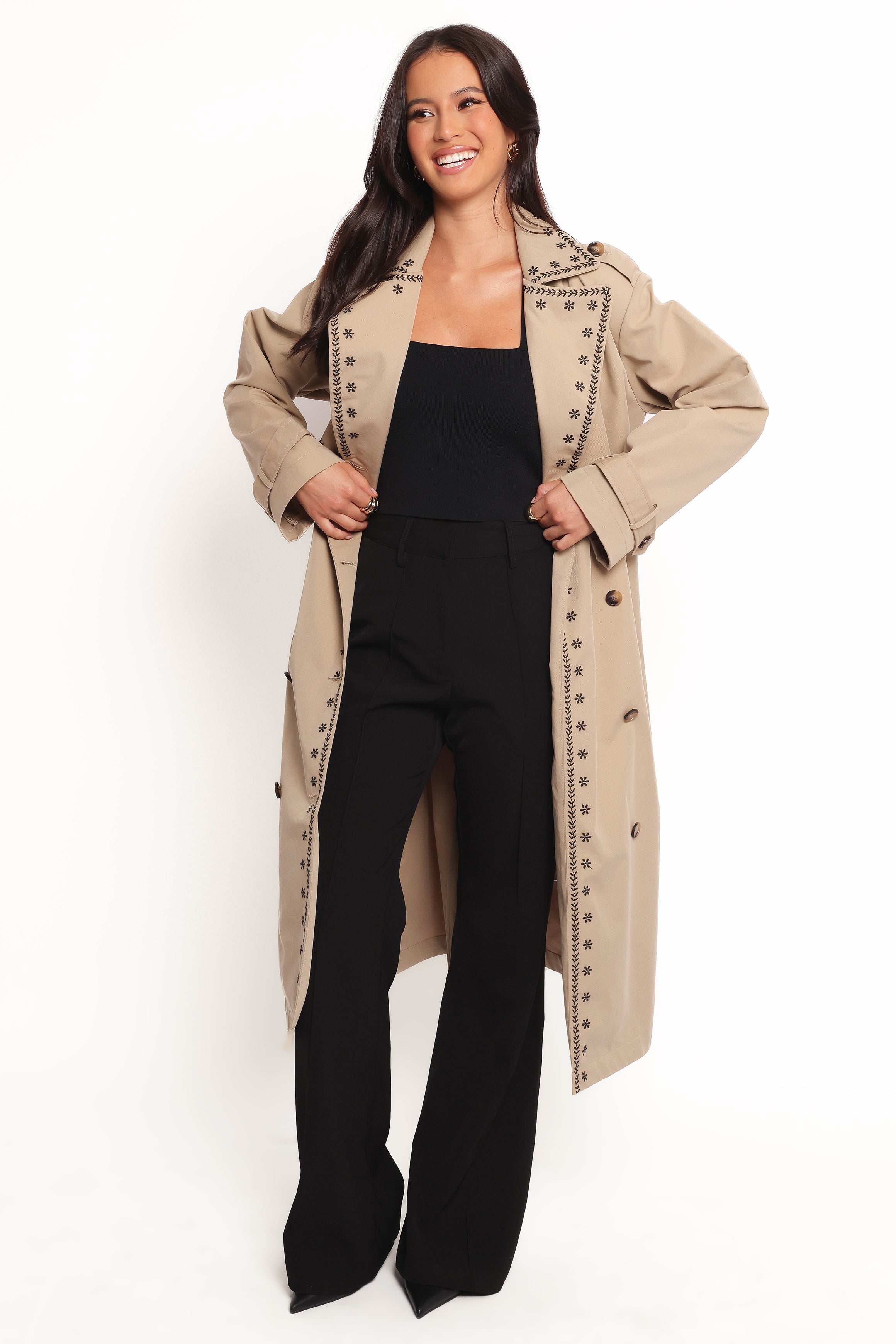 Grayson Embroidered Trim Trench Coat for Women - Classic Taupe Waterproof Long Coat - Perfect for Fall Winter Fashion, Office Wear & Outdoor Activities