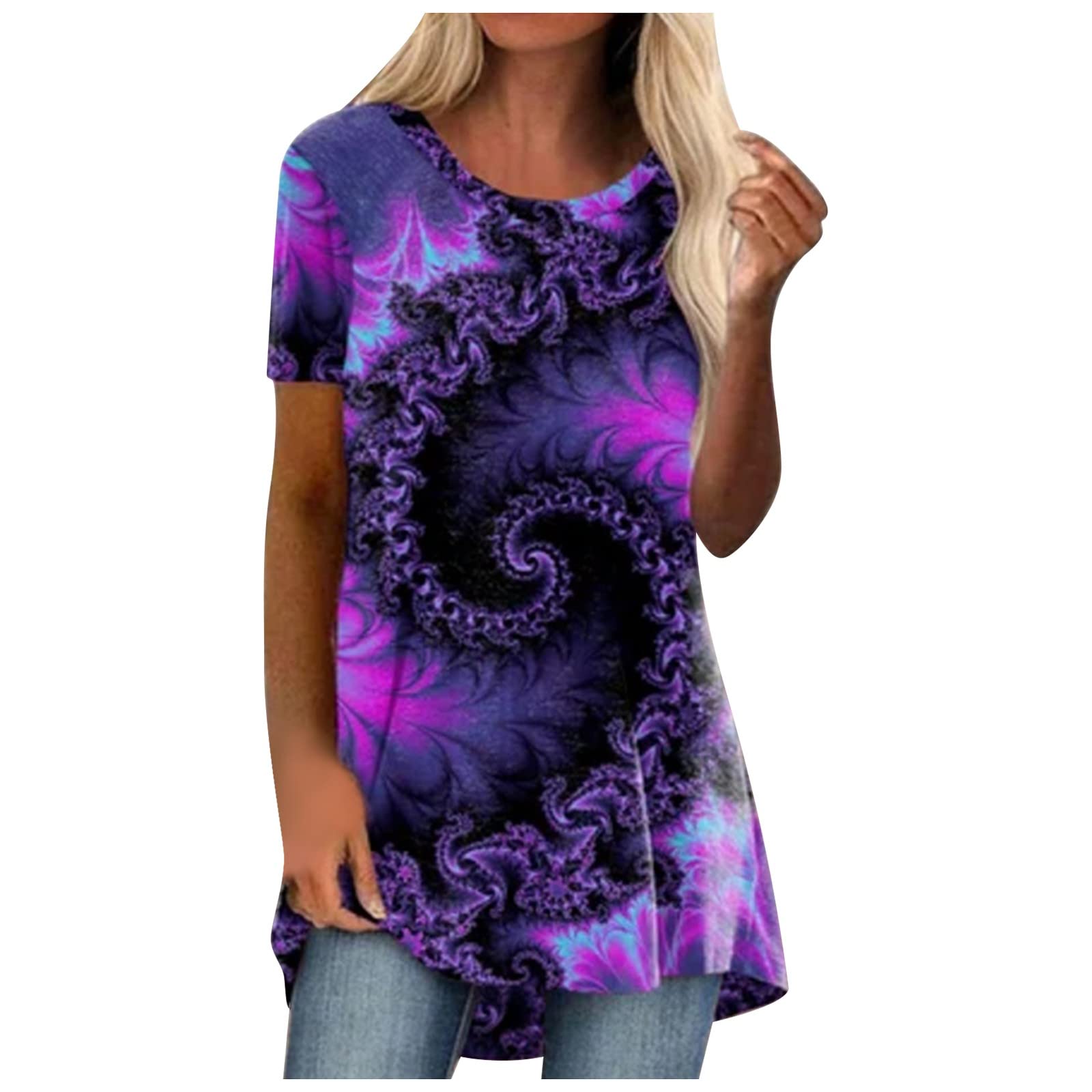 CUCUHAM Women's Casual Short Sleeve O-Neck Color Contrast Print Pullover Tops - Stylish Everyday Wear for Work, Dating & Weekend Outings