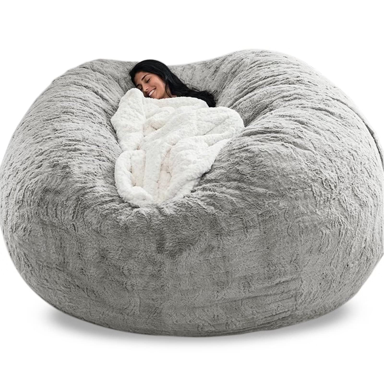 Premium 6ft Light Grey Faux Fur Bean Bag Sofa Cover - Durable & Comfortable PV Fur Replacement for Living Room, Bedroom, or Game Room (No Filler Included) - Perfect for Relaxing, Lounging & Movie Nights