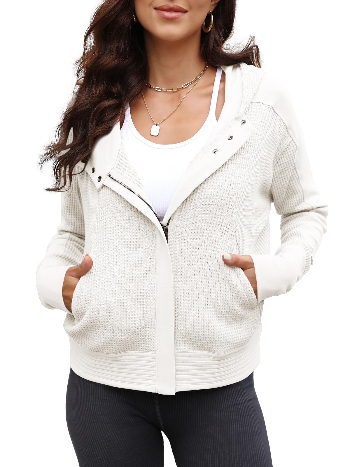 Yanekop Women's Waffle Knit Zip-Up Hoodie Jacket - Long Sleeve Cropped Pullover for Fall & Winter | Casual Outerwear for Streetwear, Layering & Coffee Dates