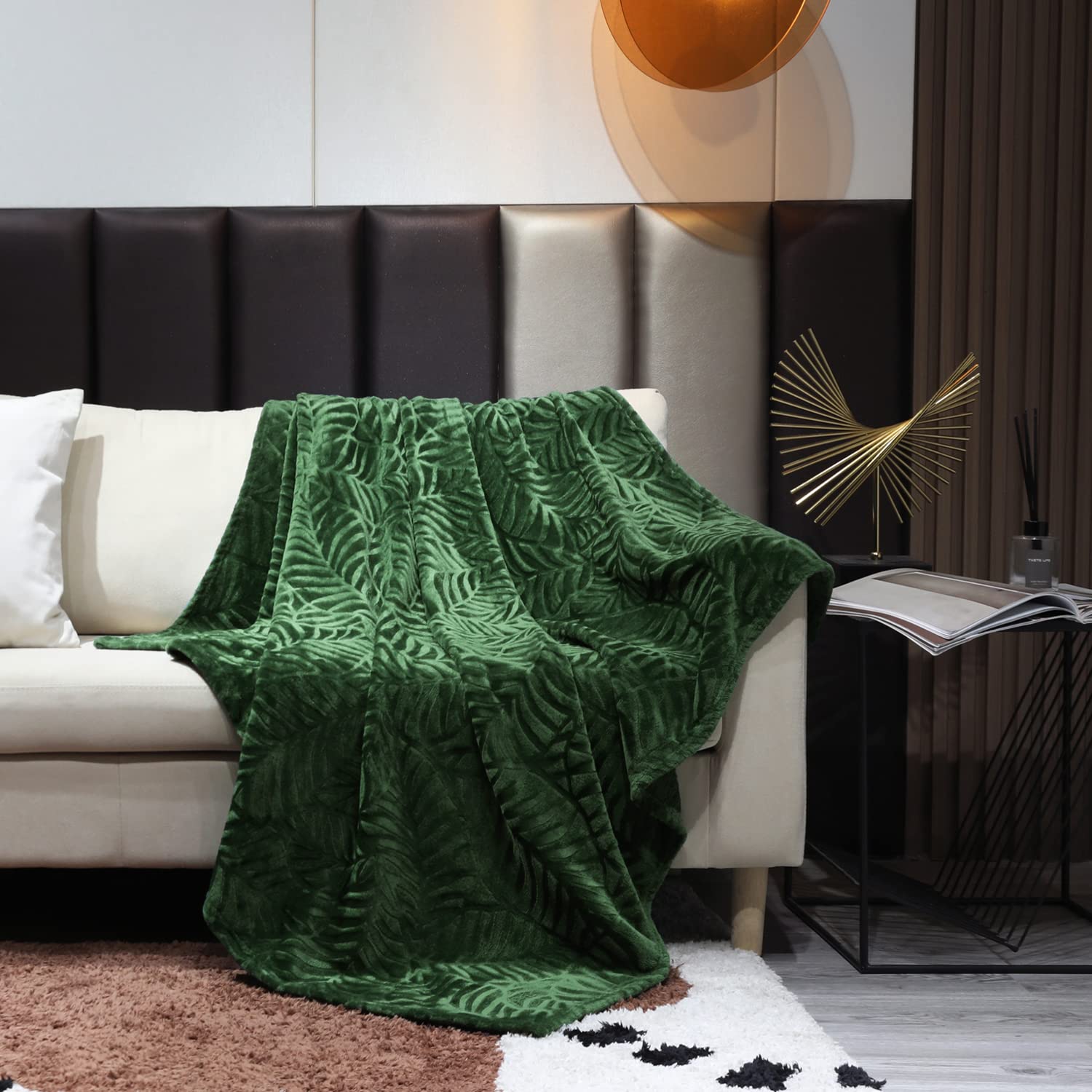 SOCHOW Ultra Soft Flannel Fleece Throw Blanket - Lightweight Cozy Warm Plush Blanket with Leaves Texture for Bed, Couch & Sofa - 60 x 80 Inches Olive Green - Perfect for Winter Nights, Movie Time & Home Decor