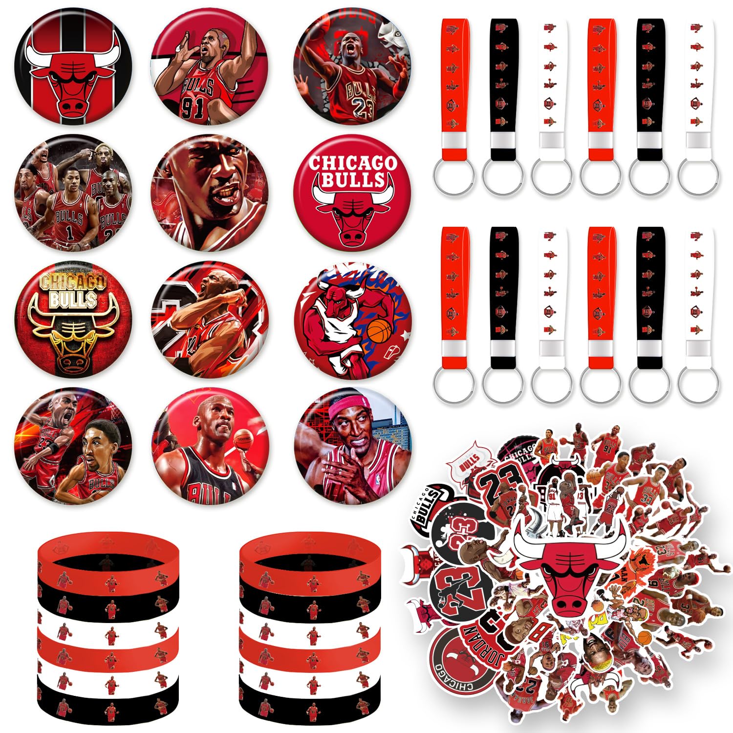 Chicago Bulls Birthday Party Supplies - Basketball Theme Decorations with 12 Bracelets, 12 Button Pins, 12 Keychains & 50 Stickers - Perfect for NBA Themed Parties, Sports Celebrations & Chicago Bulls Fan Gifts