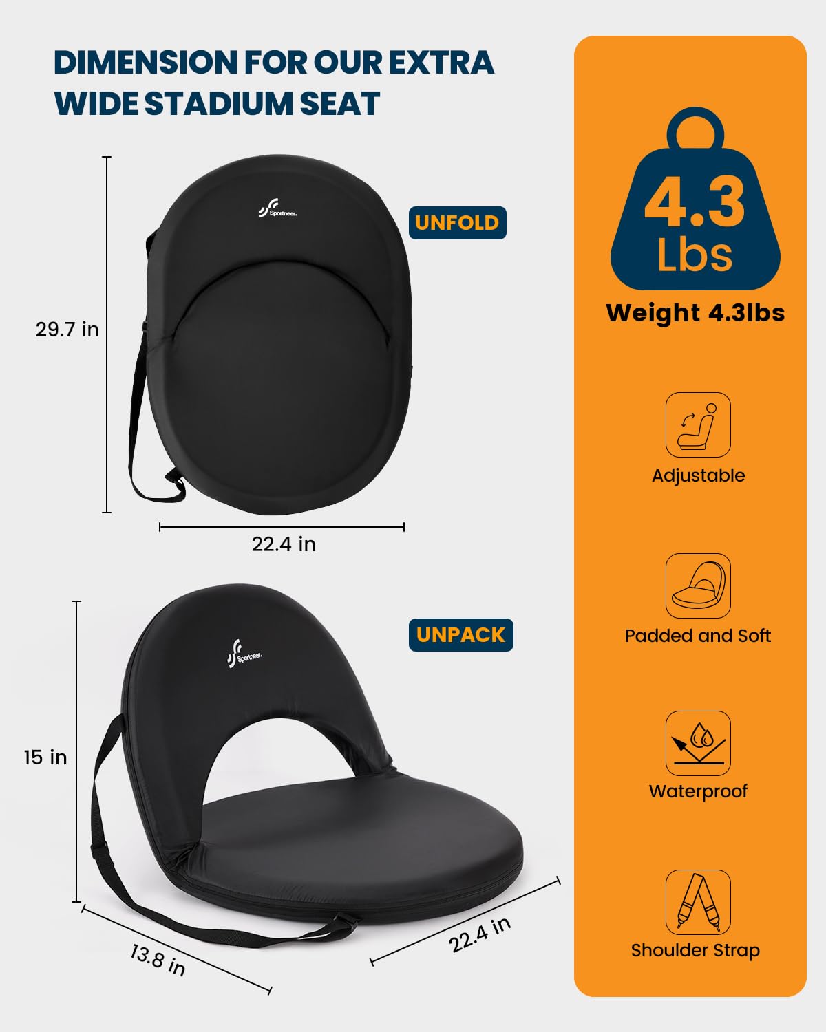 Sportneer Extra Wide Stadium Seats with Back Support & Shoulder Strap - 2 Pack Portable Bleacher Chairs with 6 Reclining Positions for Football Games, Concerts, Camping, Sports Events & Outdoor Activities