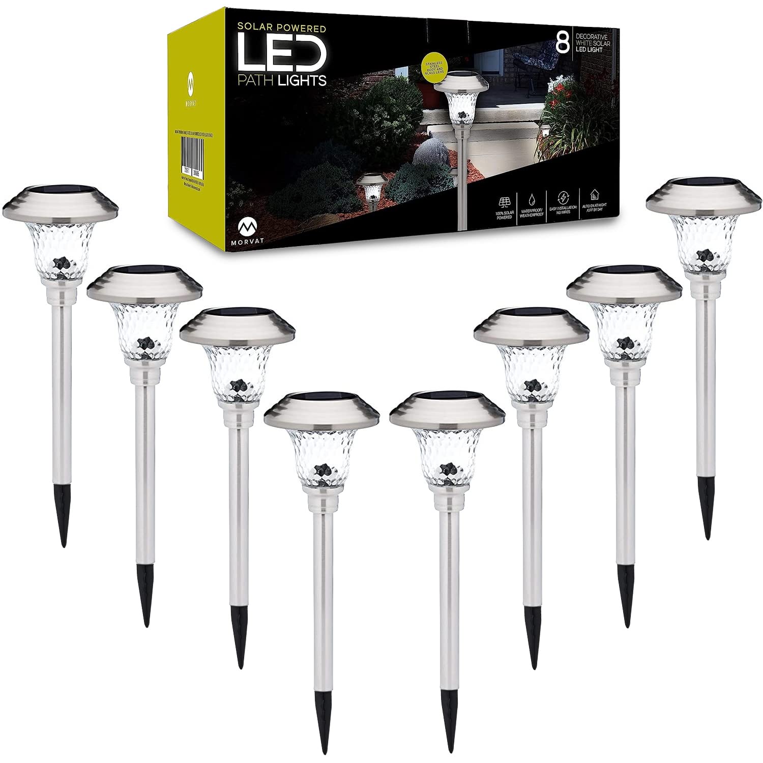 Morvat 8-Pack Solar LED Pathway Lights - Stainless Steel & Glass Lens, Waterproof Outdoor Landscape Lighting for Garden, Yard, Patio & Walkways - Dusk to Dawn White Light | Perfect for Driveway Borders, Flower Bed Accents & Deck Illumination