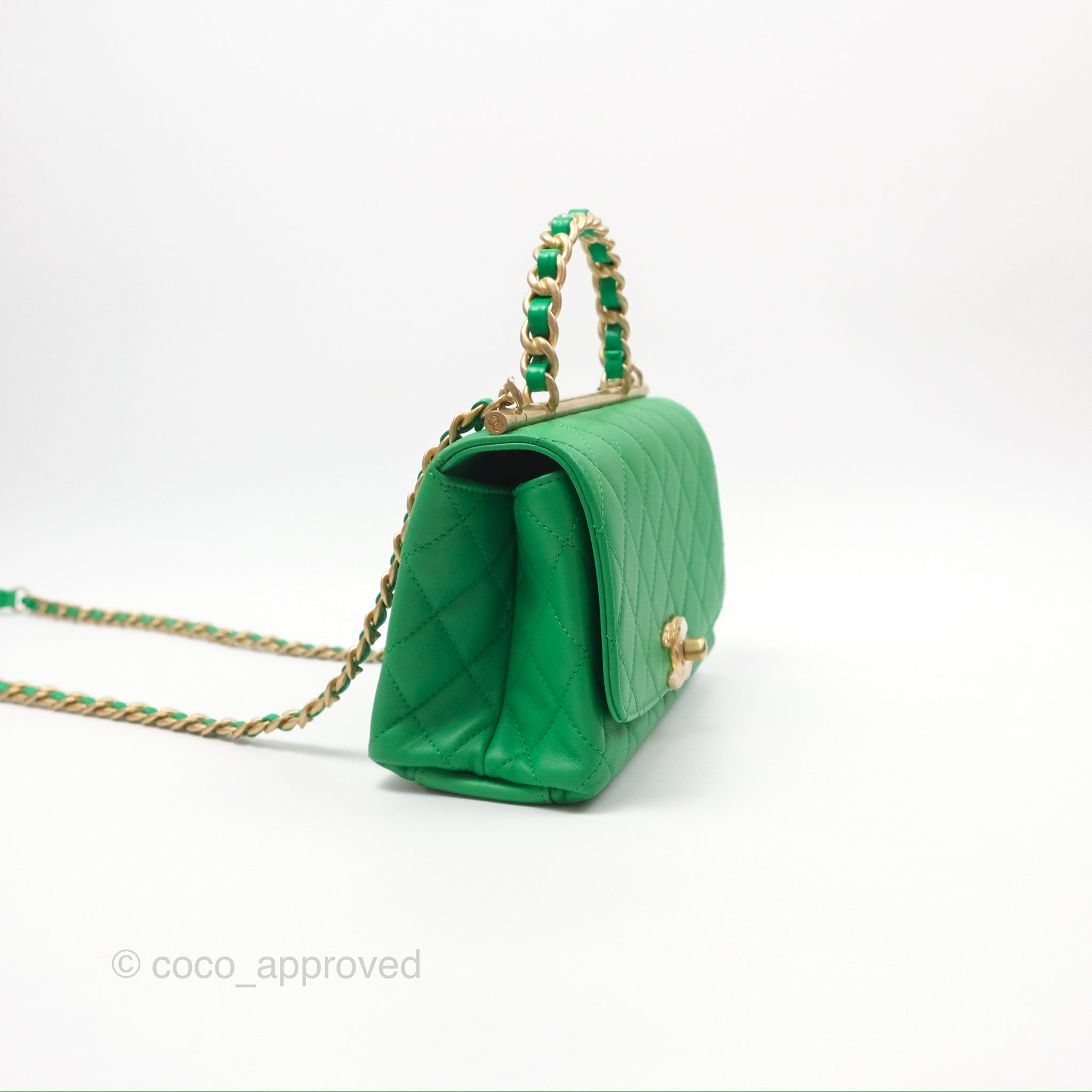 Chanel CC Quilted Flap Bag With Top Handle - Green Calfskin Leather Crossbody Bag with Gold Hardware | Luxury Designer Handbag for Women, Perfect for Date Night & Special Occasions