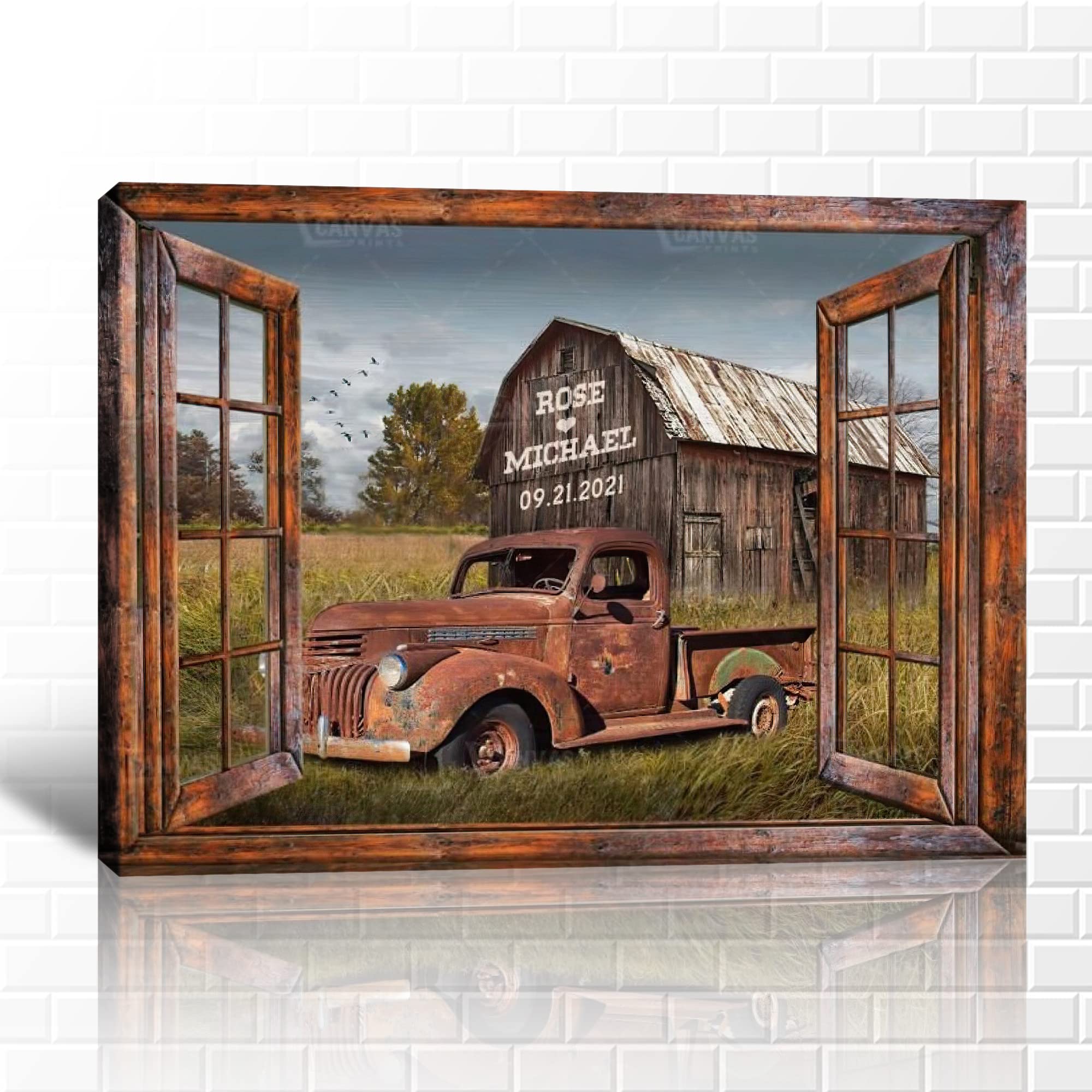 Farmhouse Truck Canvas Wall Art - Vintage Rustic Old Truck Decor - Personalized Barn Wall Art - 32x48 Inches - Perfect for Valentine's Day & Anniversary Gifts - Great for Living Room, Bedroom, or Office Decor