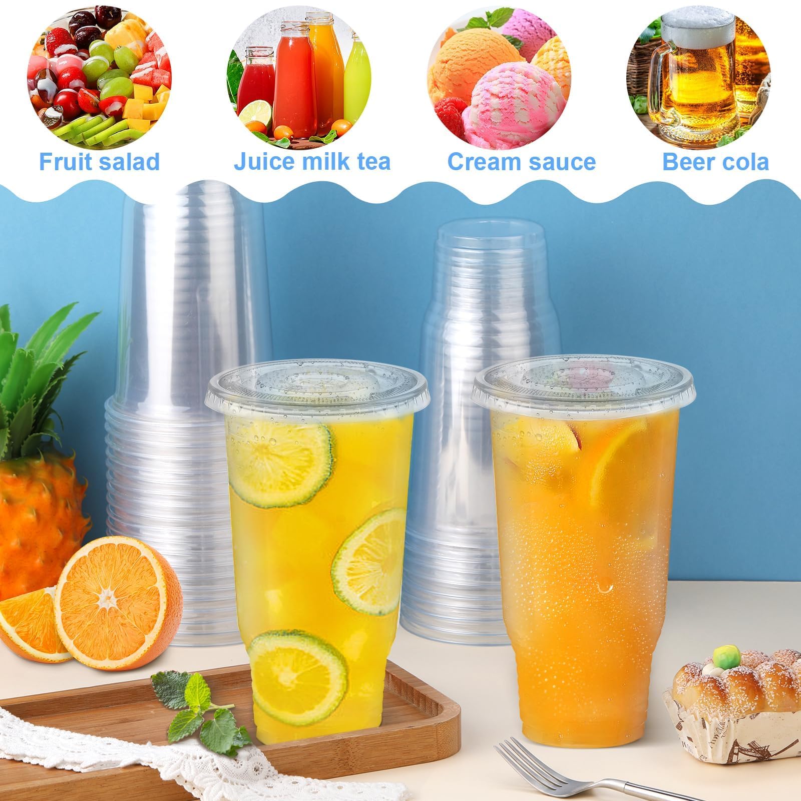 32 oz 50 Pack Crystal Clear Plastic Cups - Oversized Disposable Clear Cups with Flat Cover & Plug-in Straw for Smoothies, Iced Coffee, Milkshakes & Cold Drinks - Perfect for Parties, BBQs, and Outdoor Events