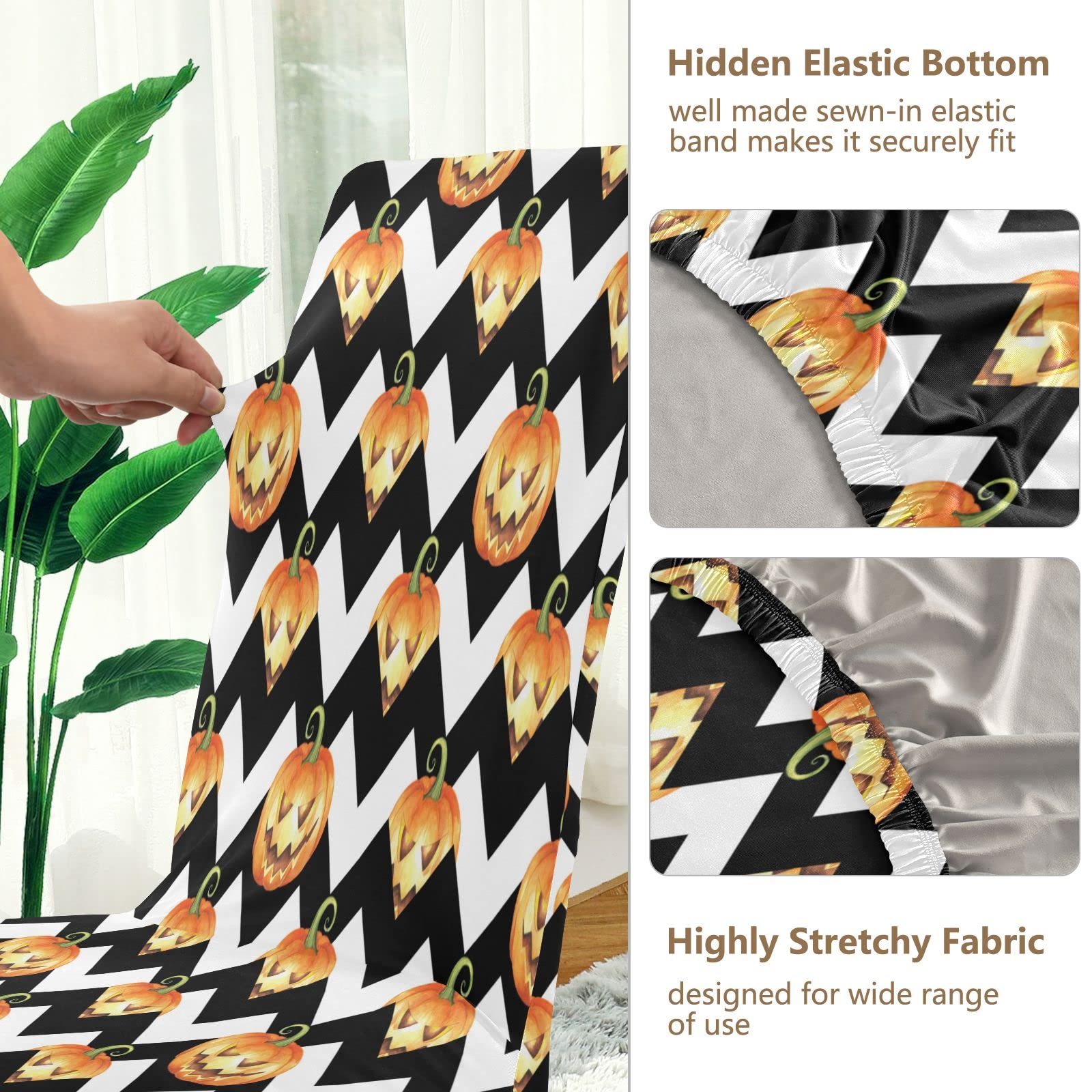 Halloween Pumpkin Striped Chair Covers - Black & White Chevron Stretch Slipcovers (2-Pack) | Removable Dining Seat Protectors for Home, Kitchen, Restaurant & Hotel | Perfect for Autumn Decor & Holiday Parties