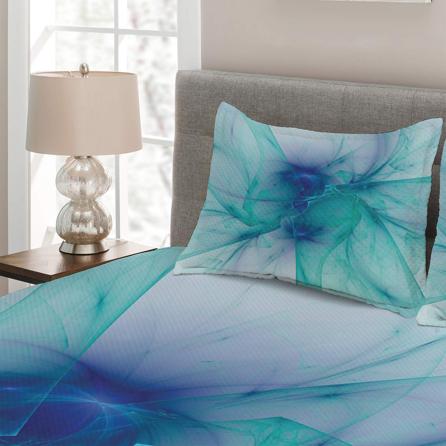 Ambesonne Psychedelic Computer Art King Size Quilted Bedspread Set - 3 Piece Teal Blue Coverlet with 2 Pillow Shams, Modern Geometric Design for Master Bedroom Decor | Perfect for Contemporary Homes & Guest Room Styling