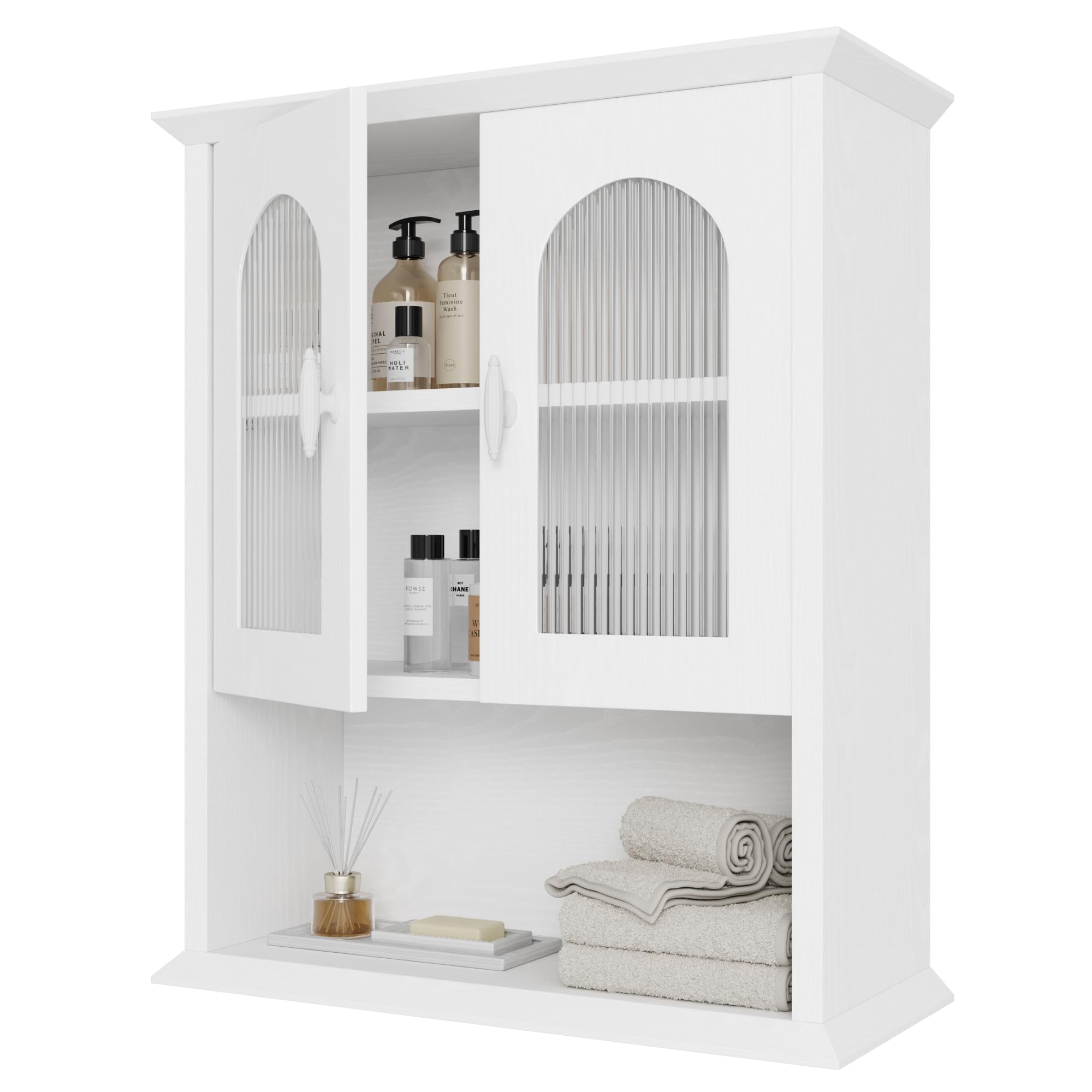 18.9'' x 23.6'' White Fluted Door Bathroom Wall Cabinet - Over The Toilet Medicine Storage Cabinet for Bathroom Organization | Perfect for Small Spaces, Apartments & Modern Bathrooms