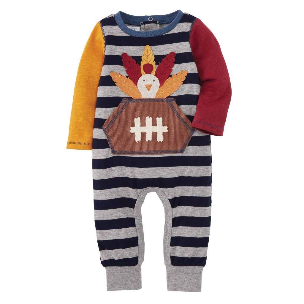 Mud Pie Turkey Football Baby Romper One-Piece (6-9 Months) Grey - Perfect for Thanksgiving, Football Games & Family Photo Outfits