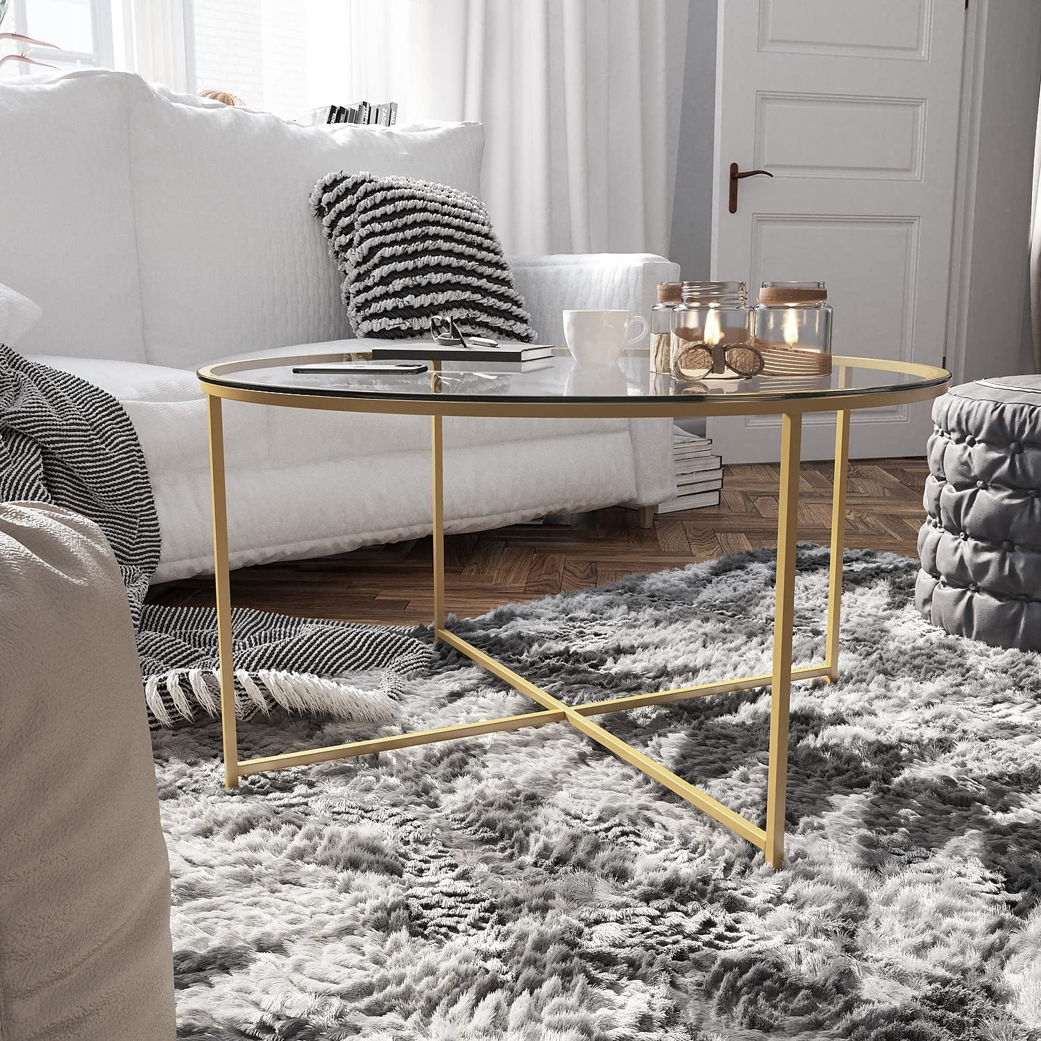 Flash Furniture Greenwich Collection Modern Glass Coffee Table with Brushed Gold Crisscross Frame - Stylish Living Room Centerpiece for Home Decor