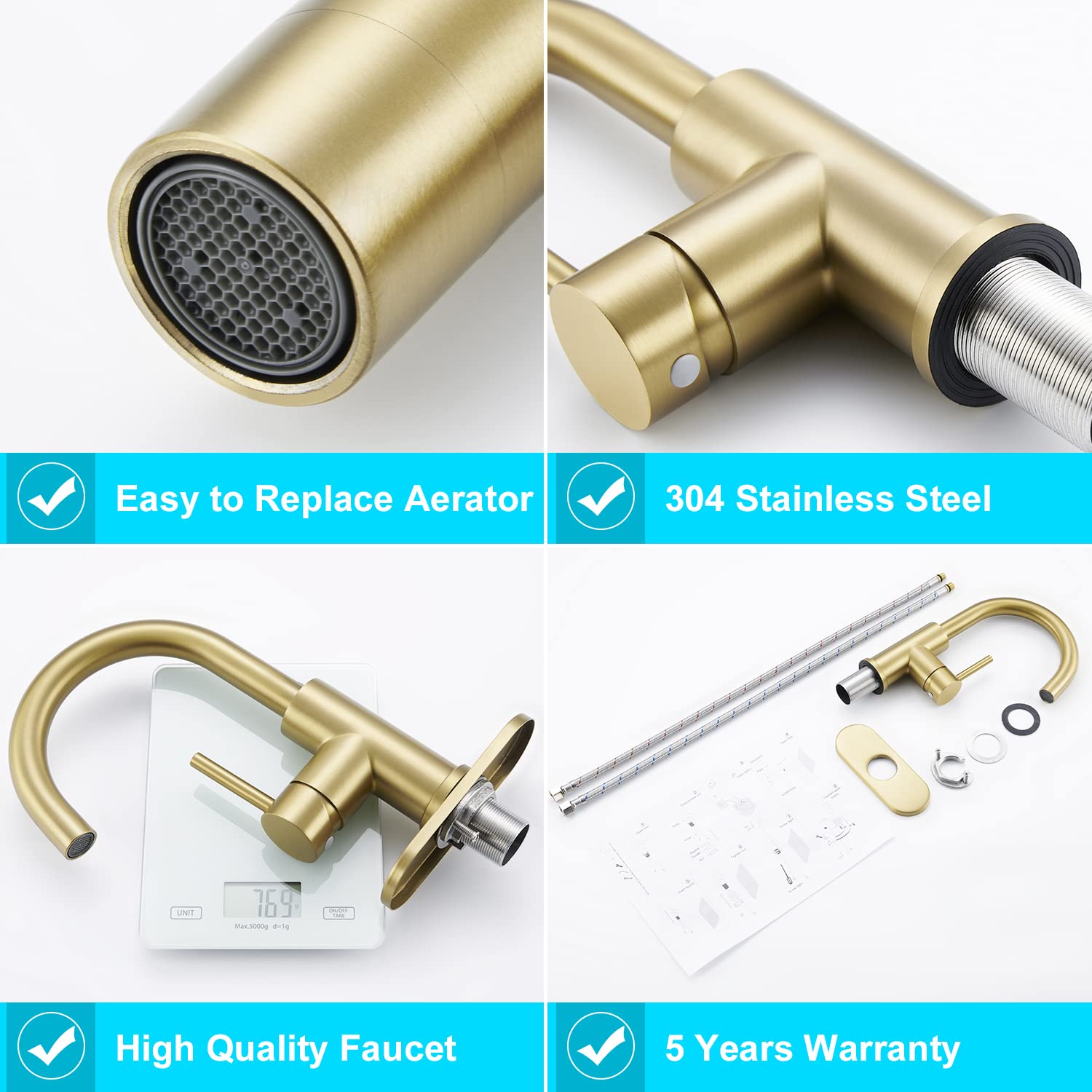CREA Single Hole Gold Bar Sink Faucet - Mini Vessel Faucet for Bathroom, Kitchen, Camper, Farmhouse & Outdoor Use - Perfect for Small Spaces, Wet Bars, Utility Sinks & Vanity Lavatories