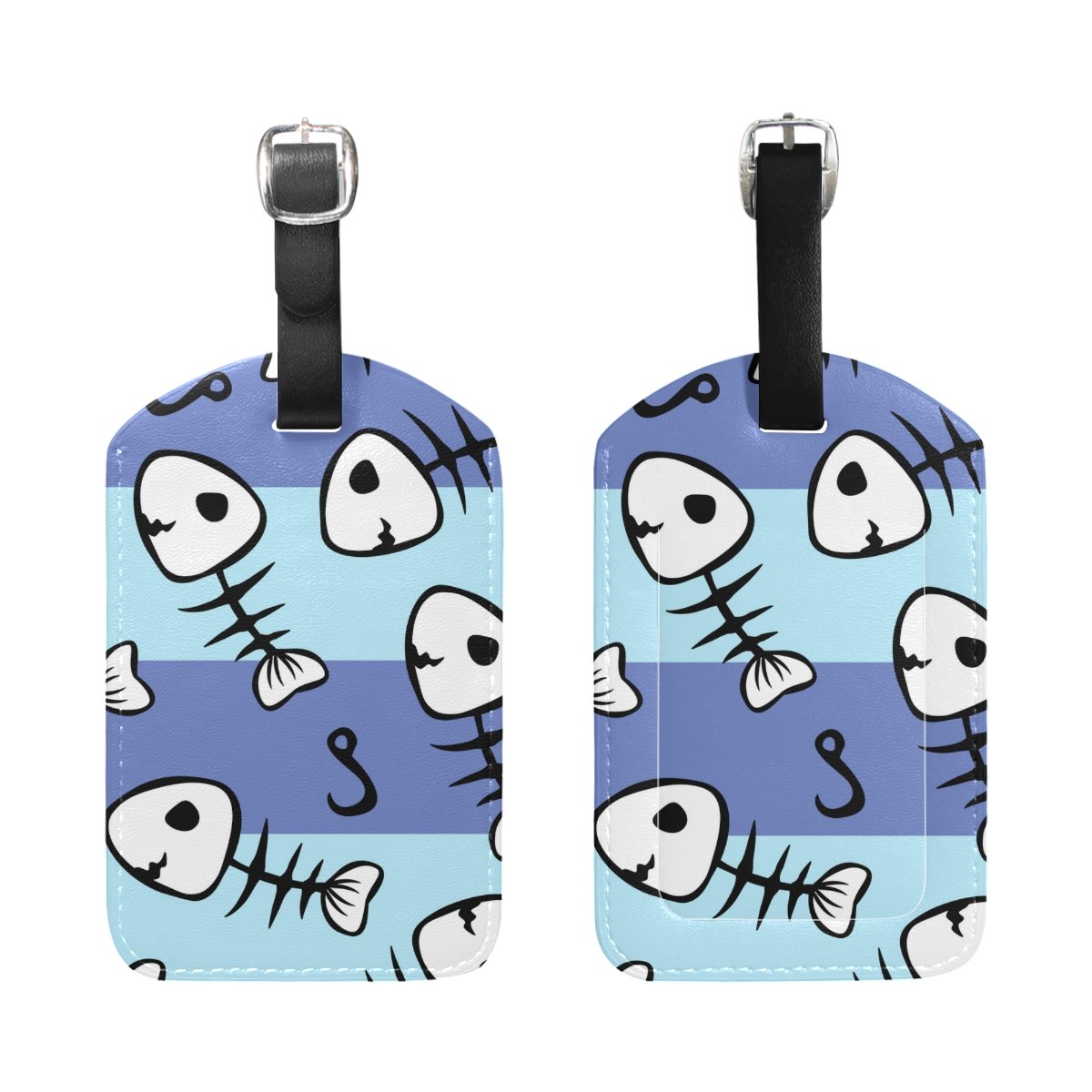 Stylish PU Leather Fish Skeleton Blue Stripe Luggage Tag - Durable Travel Suitcase ID Identifier & Baggage Label - Perfect for Airports, Cruise Ships, and Business Trips