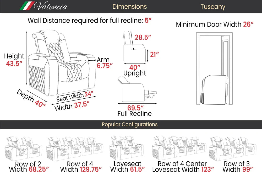 Valencia 2025 Tuscany Executive Heat & Massage Leather Home Theater Seating - 3-Seater Recliner Sofa with Heating & Massage Functions, Midnight Black - Perfect for Home Cinema, Gaming & Luxury Living Room