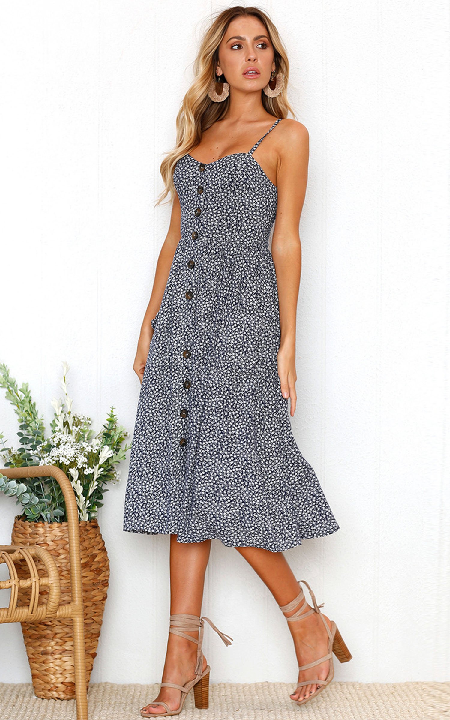 Angashion Women's Summer Floral Bohemian Spaghetti Strap Button Down Swing Midi Dress - Casual Beach Dress for Vacation, Date Night & Outdoor Parties