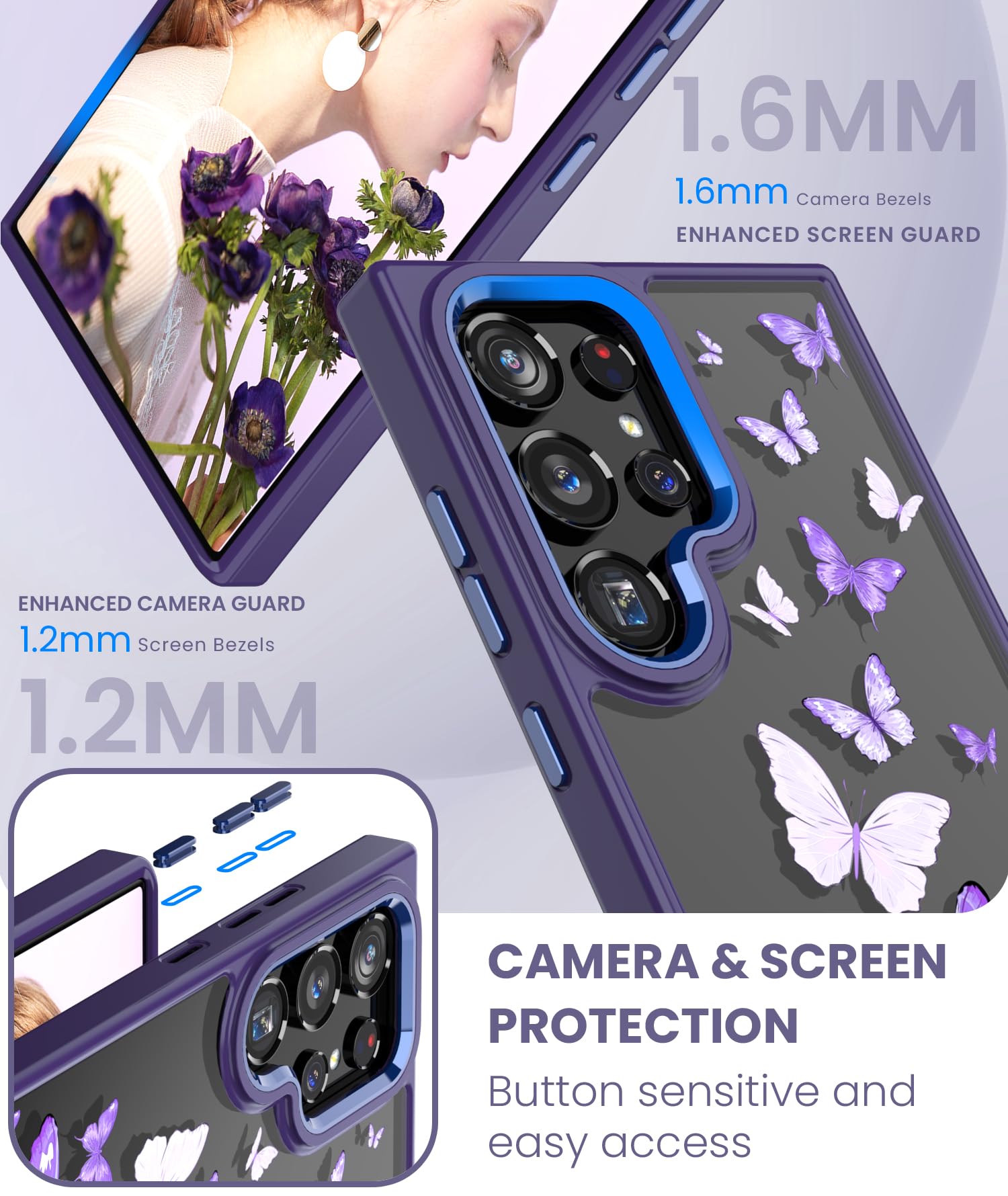 Samsung Galaxy S24 Ultra 5G Case with Tempered Glass Screen Protector - Military Grade Protective Slim TPU & Hard PC Cover - Crystal Clear Purple Butterfly Flower Design for Women - Perfect for Everyday Use, Work & Travel Protection