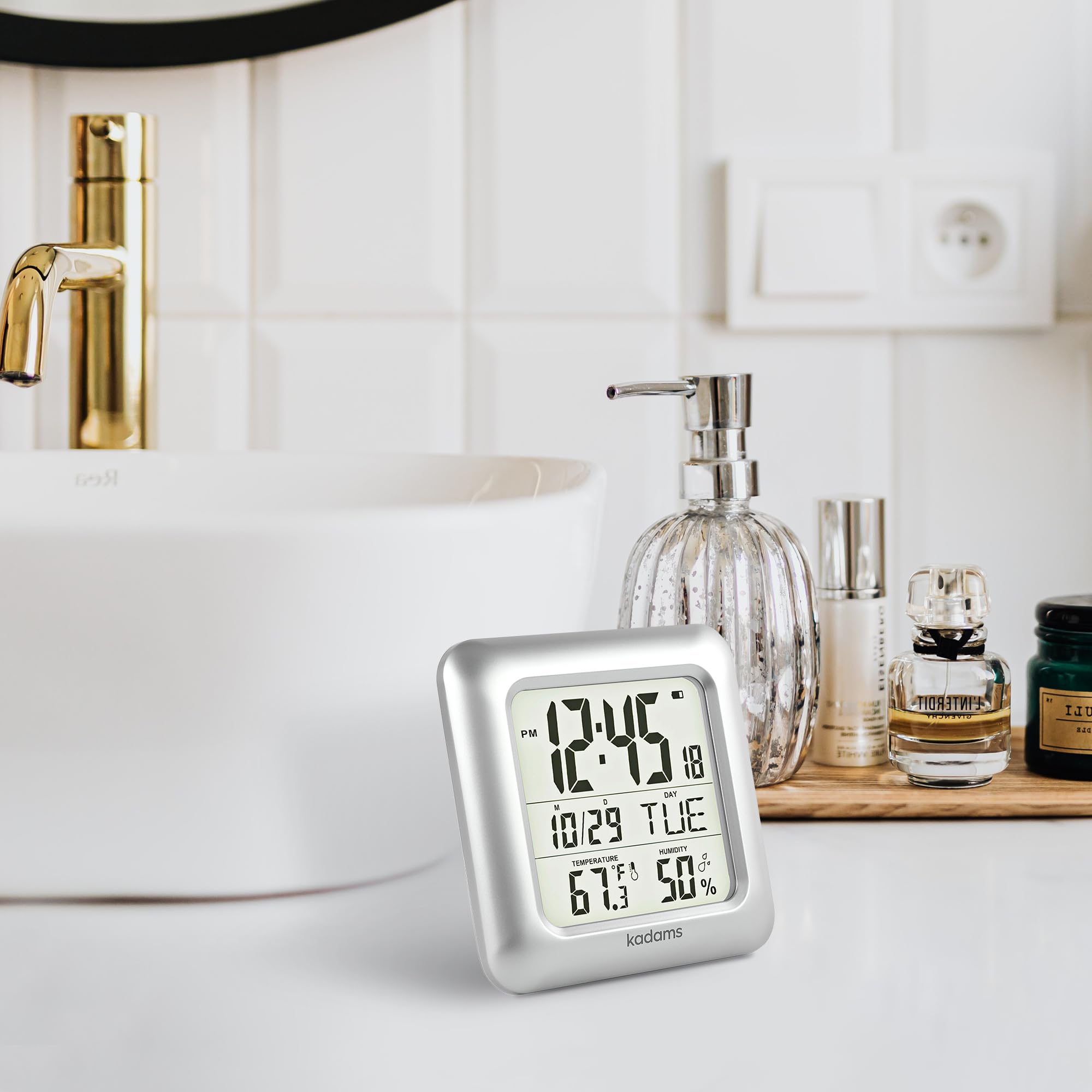 KADAMS Waterproof Bathroom Wall Clock with Shower Timer - Silent Non-Ticking, Battery Operated - Perfect for Bathroom, Shower, Spa, and Home Decor
