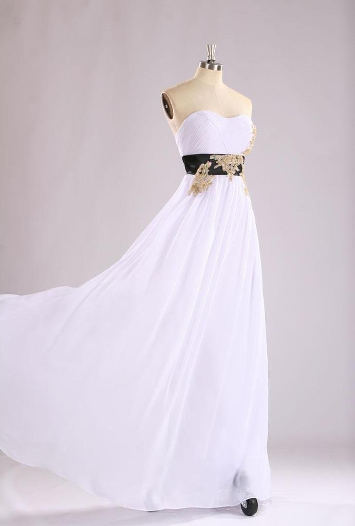 Kivary® Elegant White Long A-Line Formal Prom Evening Dresses with Black Sash & Gold Beading - Perfect for Homecoming, Wedding Guest, and Black Tie Events