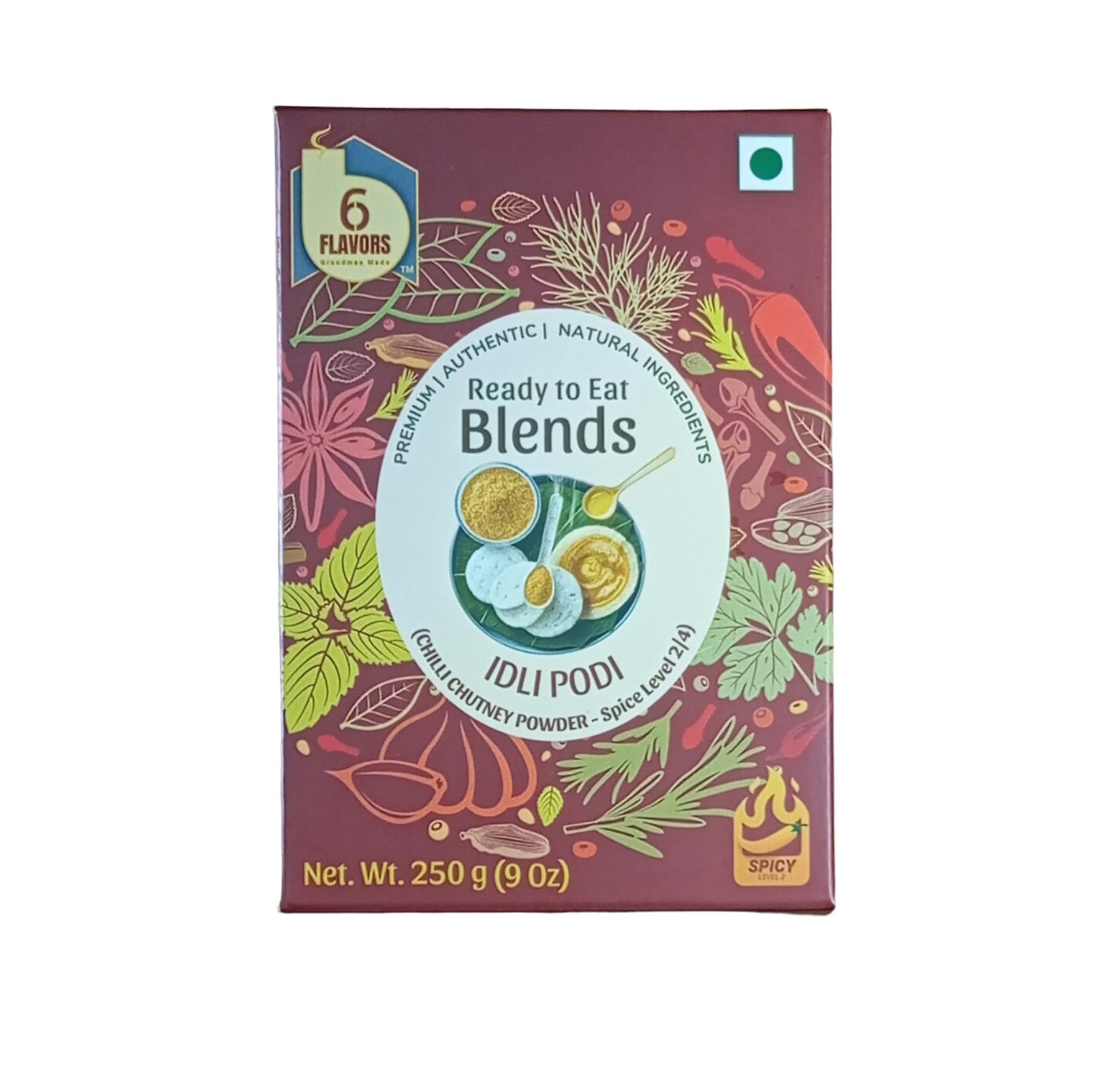 6 Flavors Idli Podi Chutney Powder - 250g Spicy Chili (Level 2/4) | Antioxidant-Rich, Vegan & Gluten-Free South Indian Seasoning | No Onions, Garlic or Preservatives | Perfect for Idli, Dosa, Rice & Snacks | Authentic Indian Spice Blend for Home Cooking