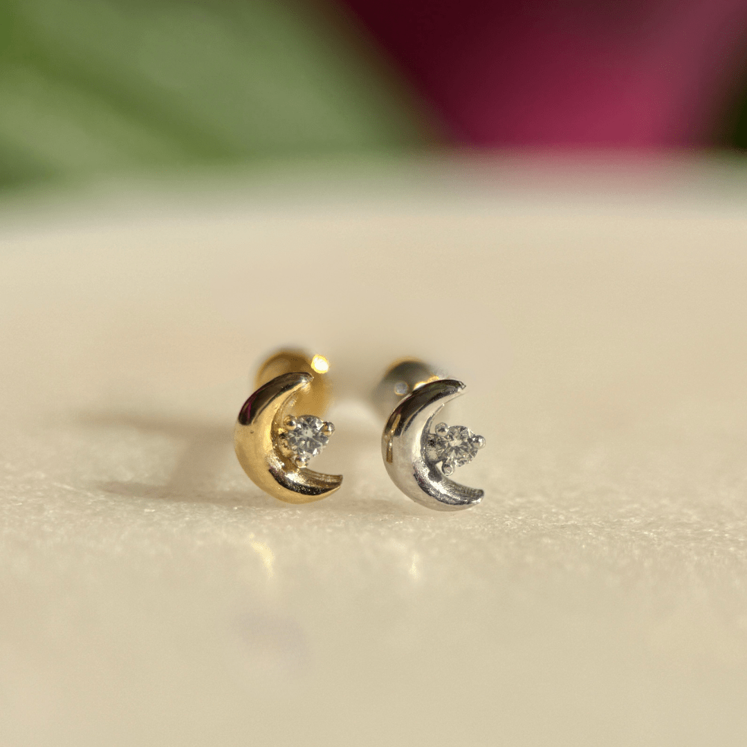 14K Yellow Gold Diamond Crescent Moon Flat Back Stud Earrings for Women - Perfect for Everyday Wear, Parties & Gifts