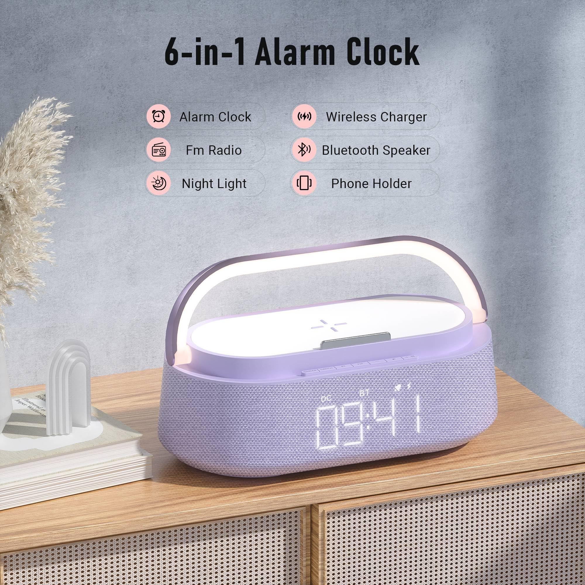 Wireless Bluetooth Speaker with Qi Wireless Charger, FM Radio, Night Light & Phone Stand - Portable Speaker for iPhone, Samsung, AirPods - Perfect for Bedroom, Home Office, Travel & Gift Giving