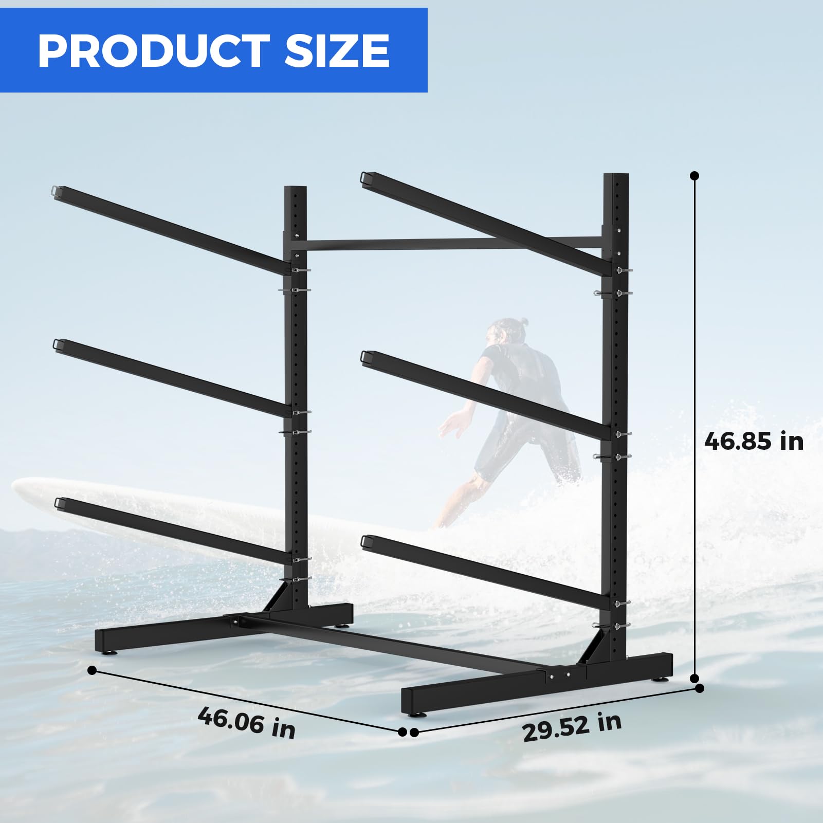 Heavy Duty Freestanding Kayak Storage Rack with Wheels - Adjustable 3-Level Outdoor/Indoor Stand for Kayaks, SUPs, Canoes & Paddleboards | Perfect for Garage, Backyard & Dock Storage