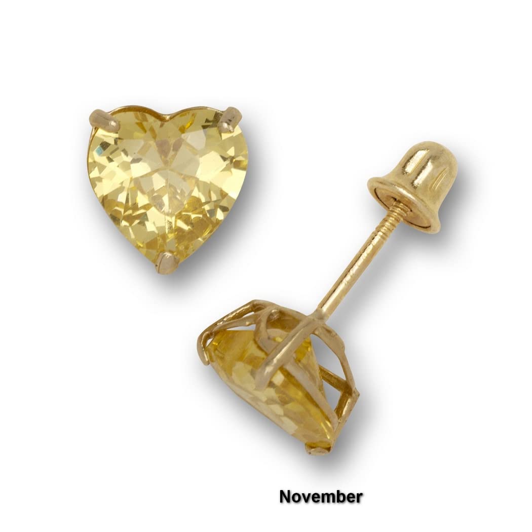 14K Yellow Gold Heart-Shaped Cubic Zirconia Stud Earrings for Women - Screw Back Solitaire Basket Set (12 Colors) | Perfect Birthday Gift, Anniversary Present & Everyday Elegant Jewelry