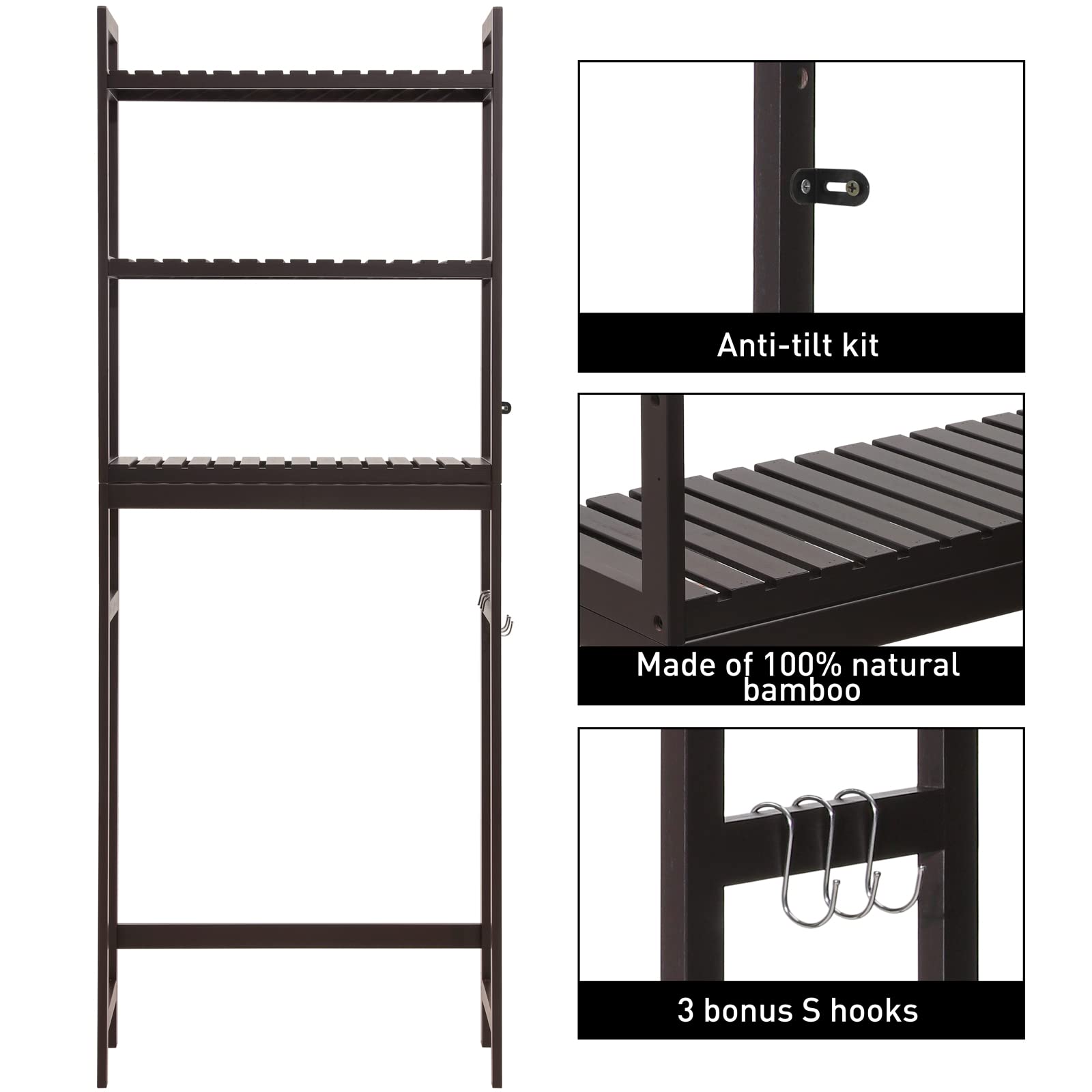 HITOMEN 3-Tier Over The Toilet Storage Cabinet - Adjustable Bamboo Bathroom Shelf with Hooks for Bathroom, Laundry & Balcony Organization - Dark Brown Freestanding Toilet Organizer (67
