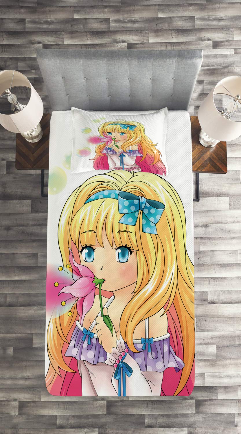 Ambesonne Anime Bedspread Set - Manga Girl Blowing Bubbles Japanese Cartoon Print, 2-Piece Quilted Coverlet with Pillow Sham, Twin Size in Pink & Yellow | Perfect for Teen Bedrooms, Anime Themed Decor & Gift for Manga Lovers