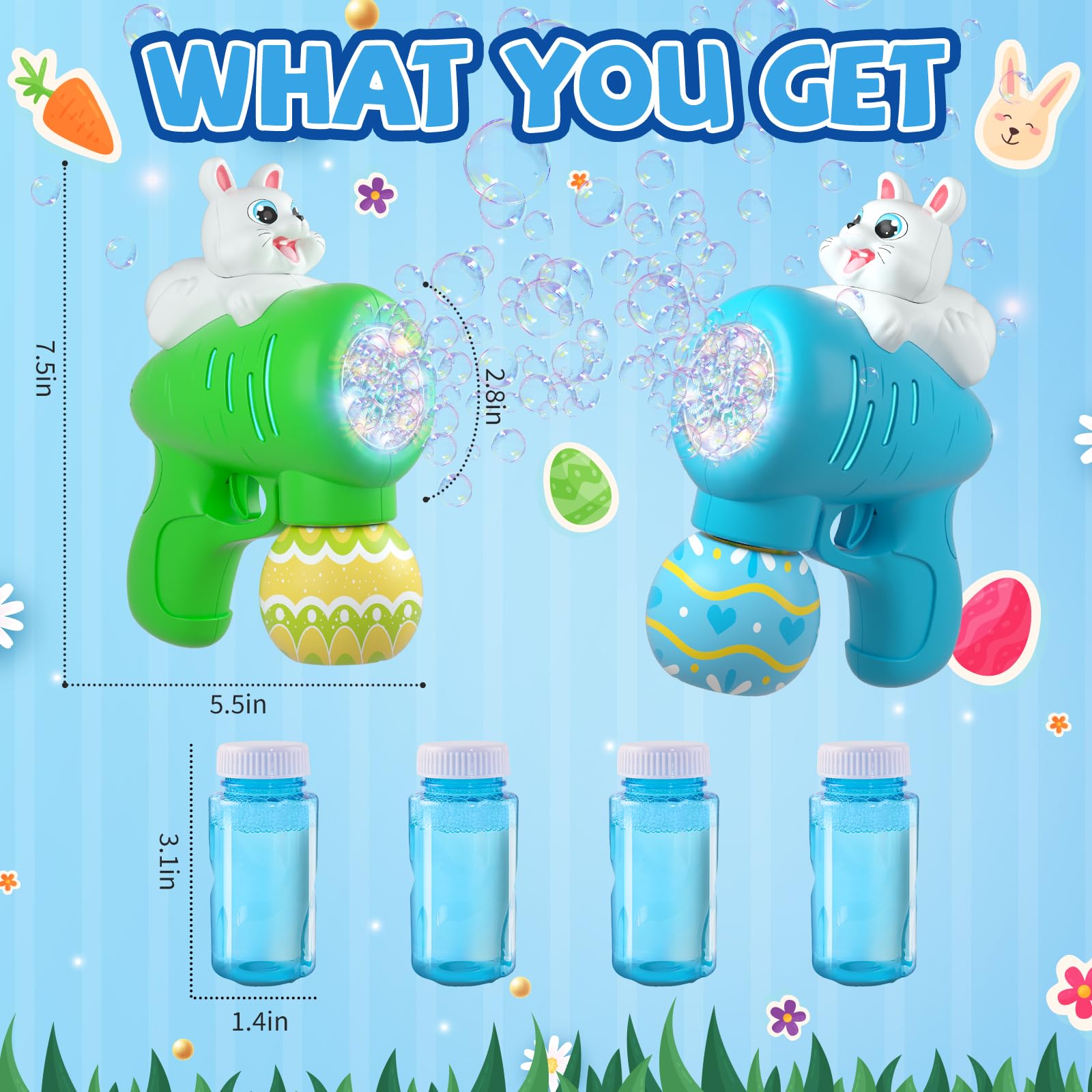 Easter Bubble Gun for Kids - Bunny Bubble Machine Toy with 2 Pack, Fun Easter Party Favors & Basket Stuffers for Toddlers - Perfect for Outdoor Play, Birthday Gifts, and Easter Egg Hunt Activities