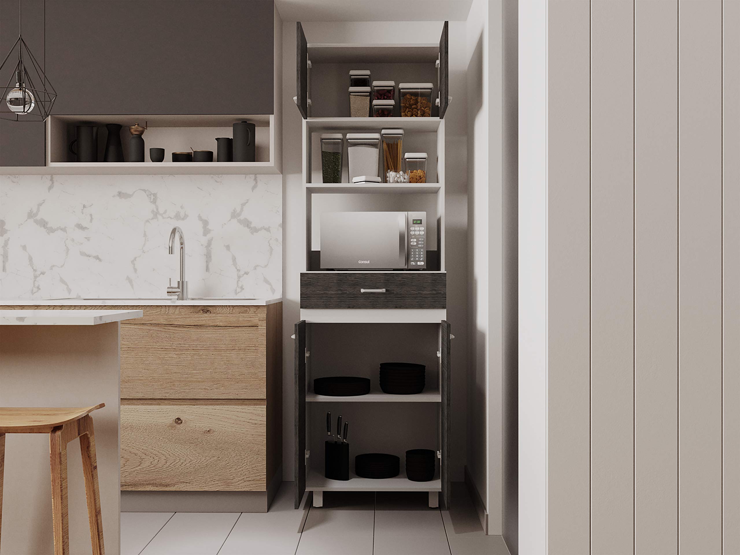Microwave Cabinet with Drawer - 2 Double Doors & 4 Adjustable Shelves - Smokey Oak/White Finish - Perfect for Kitchen Storage & Organization