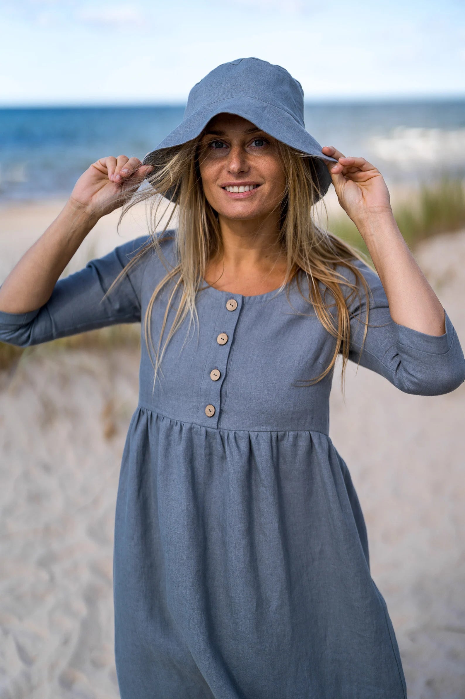 BARBARA Grey Linen Maternity Dress with 3/4 Sleeves - Comfortable Pregnancy Outfit for Casual Wear & Summer Maternity Photos