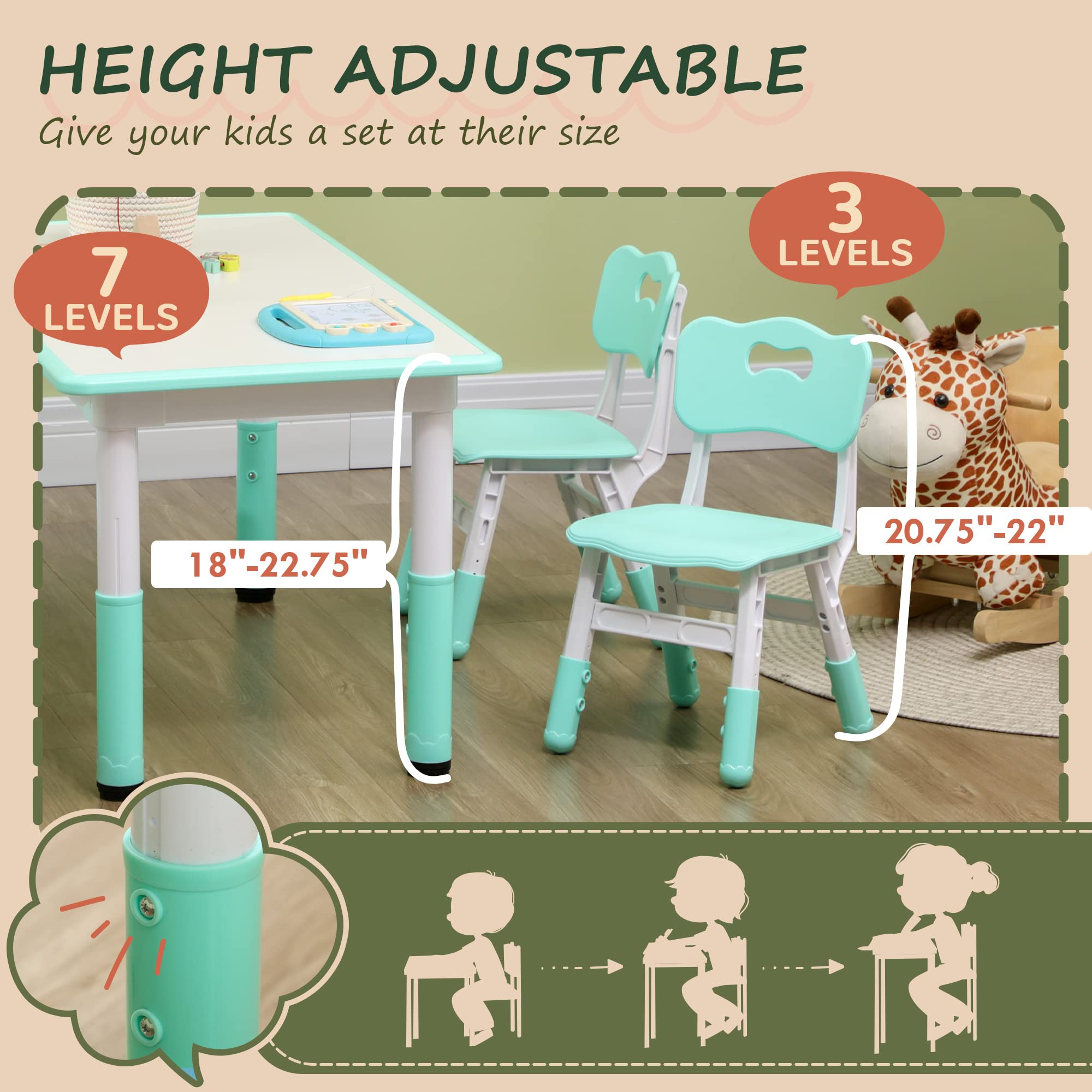 Qaba 5-Piece Adjustable Height Kids Table and Chair Set for Toddlers 1.5-5 Years - Perfect for Homeschooling, Snack Time & Playroom Activities - Green