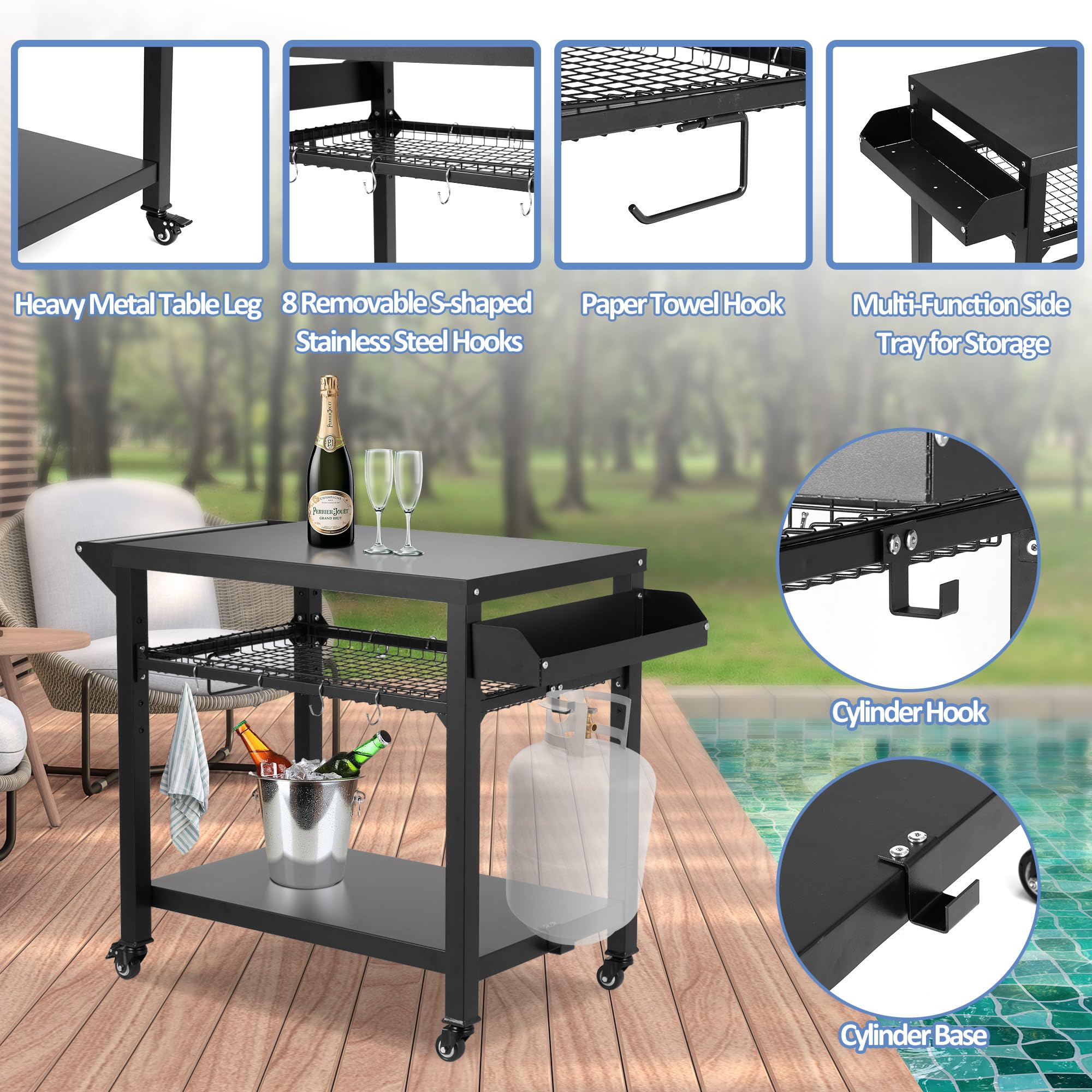 Spurgehom Grill Cart with Wheels - Outdoor Pizza Oven Stand & BBQ Prep Table | Portable Kitchen Cart with Mesh Racks for Patio, Backyard, Camping & Home Parties | Perfect for Outdoor Cooking, Dining & Entertaining
