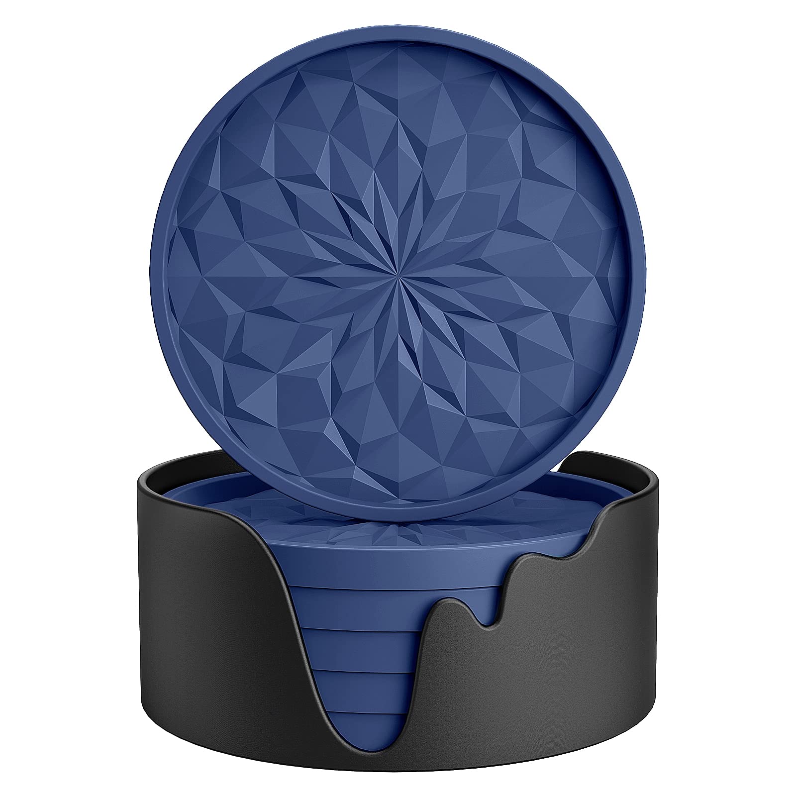ME.FAN Premium Silicone Coasters Set of 6 with Holder - Non-Slip Drink Coasters for Hot & Cold Beverages - Thickened Cup Mats for Coffee, Wine, Beer & Cocktails - Navy Blue Deep Tray Design for Home, Office & Party Use