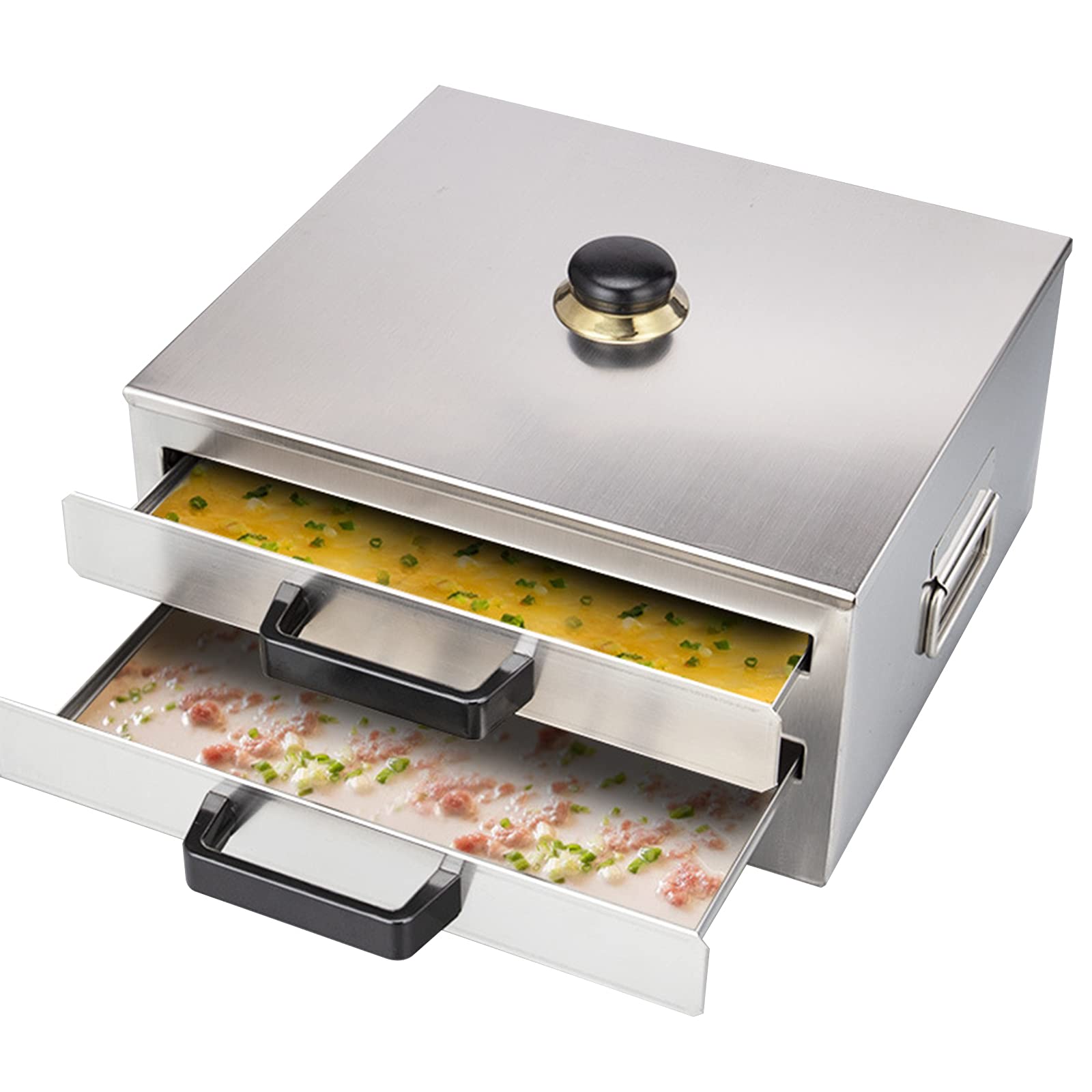 AIZYR 2-Layer 304 Stainless Steel Rice Noodle Roll Steamer for Cantonese Dim Sum - Commercial & Home Use with Detachable Lid (1 Perforated + 2 Solid Trays) - Perfect for Making Cheung Fun, Rice Noodle Rolls & Asian Dumplings at Home