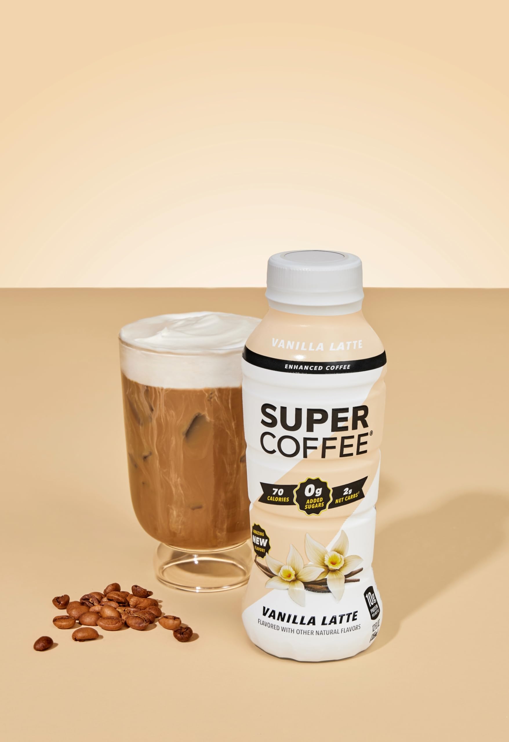 Super Coffee Ready To Drink Iced Coffee - Vanilla Latte (12oz Bottles, Pack of 12) | Low Carb, Sugar Free, Keto Friendly Protein Coffee with 10g Protein & Low Calories | Perfect for Breakfast, Office Snack or Post-Workout Energy Boost